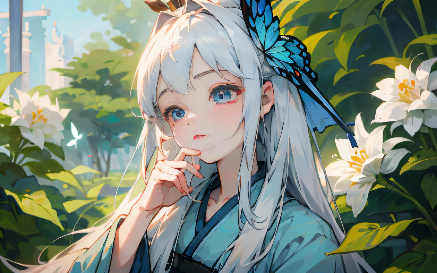blue ru_qun, best_quality, head, original_outfit, hanfu, clear details, masterpiece, best_quality, clear details, 1girl, garden background, butterfly on finger, blue eyes, white hair, long hair, big eyes