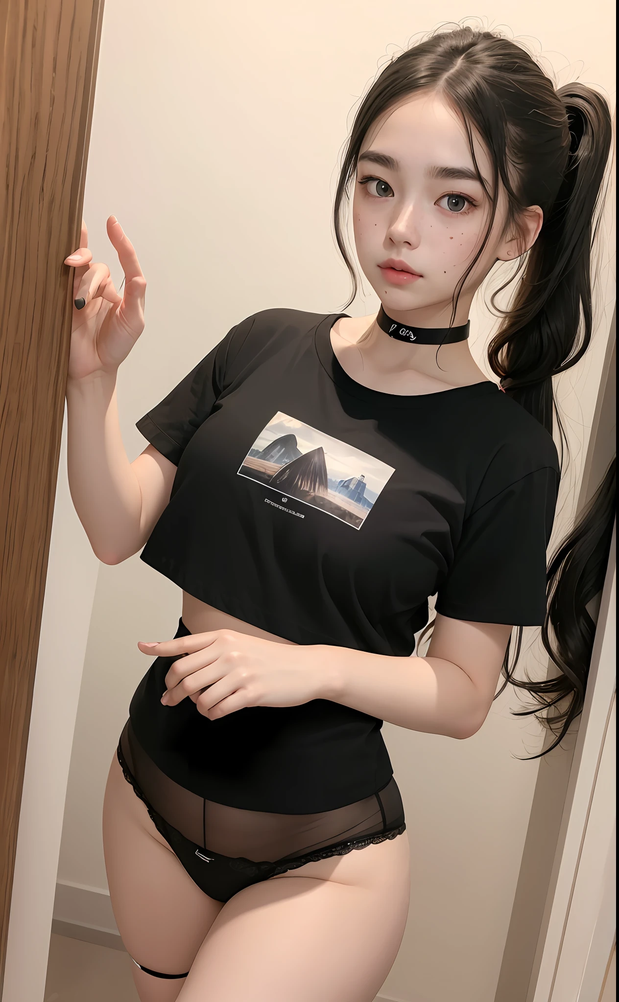 photorealistic, highres, best quality, masterpiece, upscaled, 8k, 1girl, black long wavy hair on white ponytail, snow skin korean, very young, heterochromia eyes, mole below one eye, thick eyebrows, freckles, black choker, tshirt, , small waist, thick thighs, thigh gap, inside closet, standing