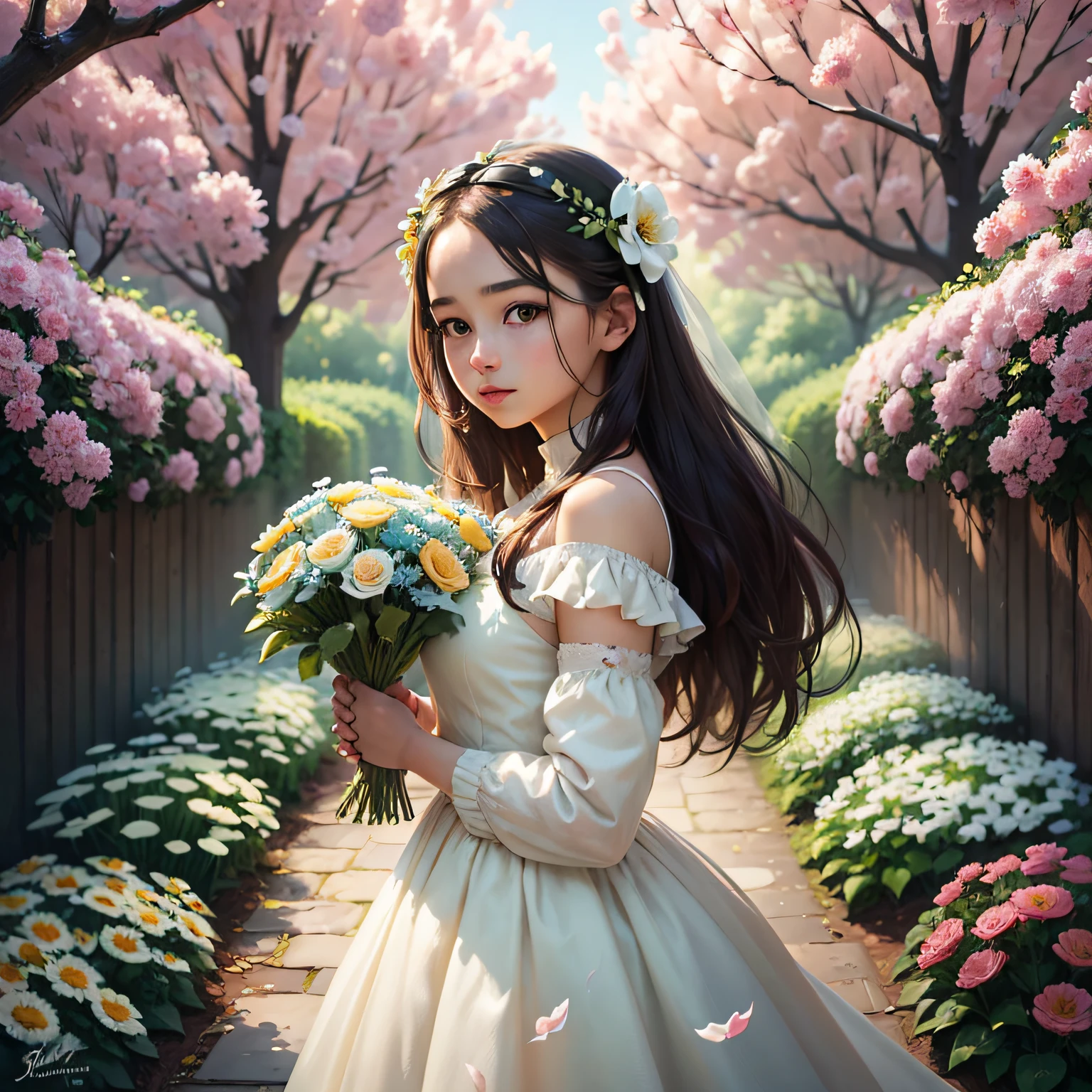 In this painting, a beautiful girl stands in the middle of the garden, wearing a white dress with the hem fluttering in the wind. She held a bouquet of colorful flowers in her hand and carefully sniffed the flowers. The various flowers in the garden compete to bloom, giving it a colorful feeling. Behind her, there is a neat row of green shrubs that reflect her beauty and freshness. The whole painting is full of youth and life, which is pleasant. --auto --s2