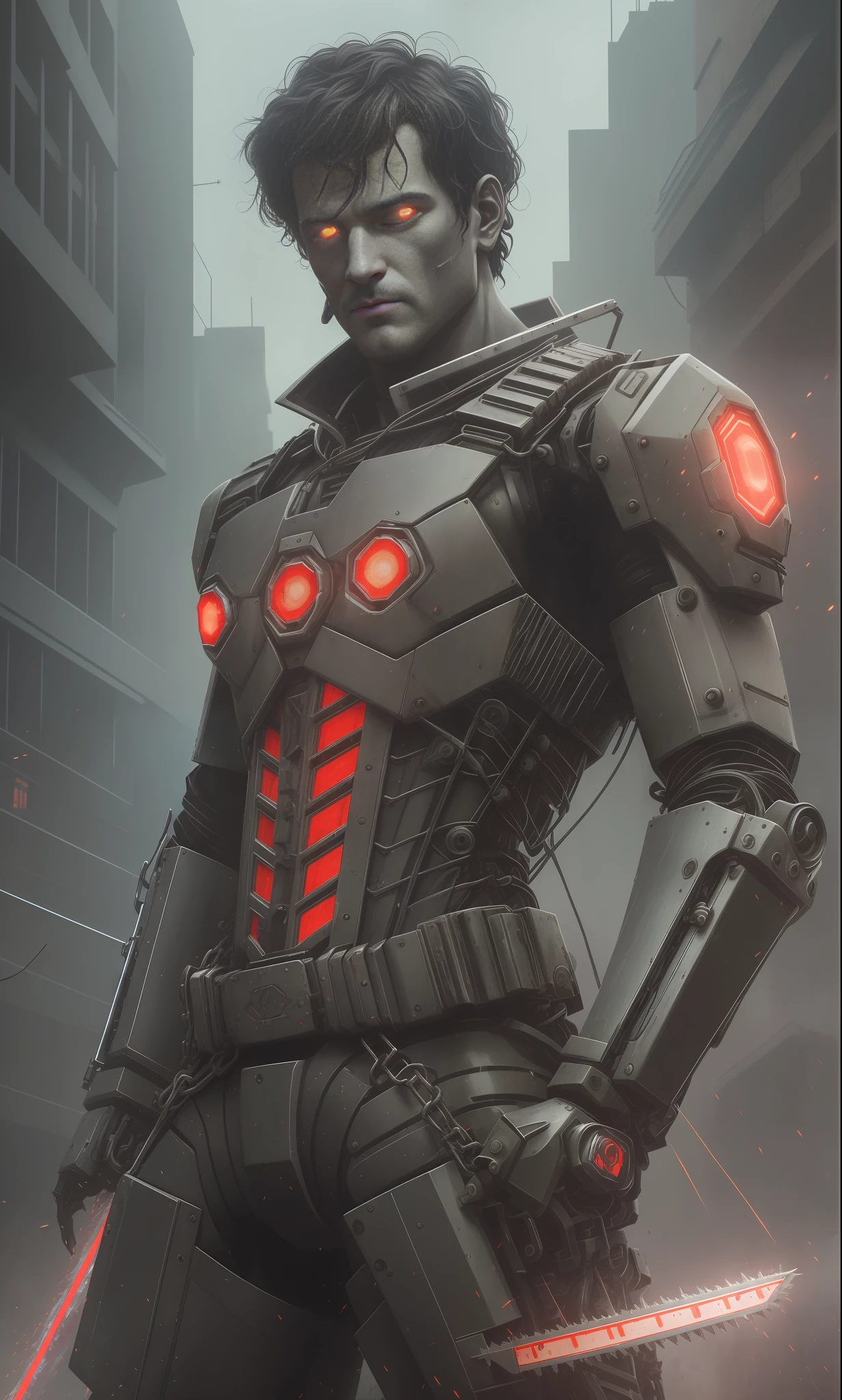 Dark_Fantasy,Cyberpunk,(chain saw,chain saw man,Red:1.1),1man,Mechanical marvel,Robotic presence,Cybernetic guardian, wearing a worn-out mech suit, intricate, (steel metal [rusty]), elegant, clear focus, shot by greg rutkowski, soft lighting, vibrant colors, masterpiece, ((street)), cowboy shot, dynamic pose, --auto --s2