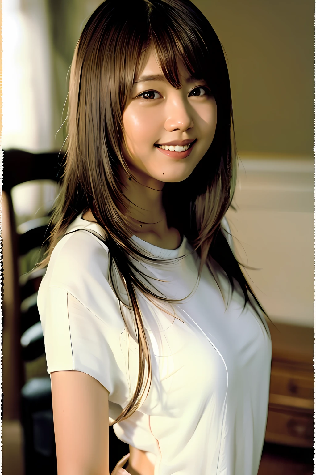 (8k, RAW photo, best quality, masterpiece:1.2), (realistic, photo-realistic:1.37), ultra-detailed, ultra high res,1 girl,looking at viewer,beautiful detailed face,smile,narrow,(slim waist:1.3),shirt, beautiful detailed skin, skin texture, floating hair,professional lighting,