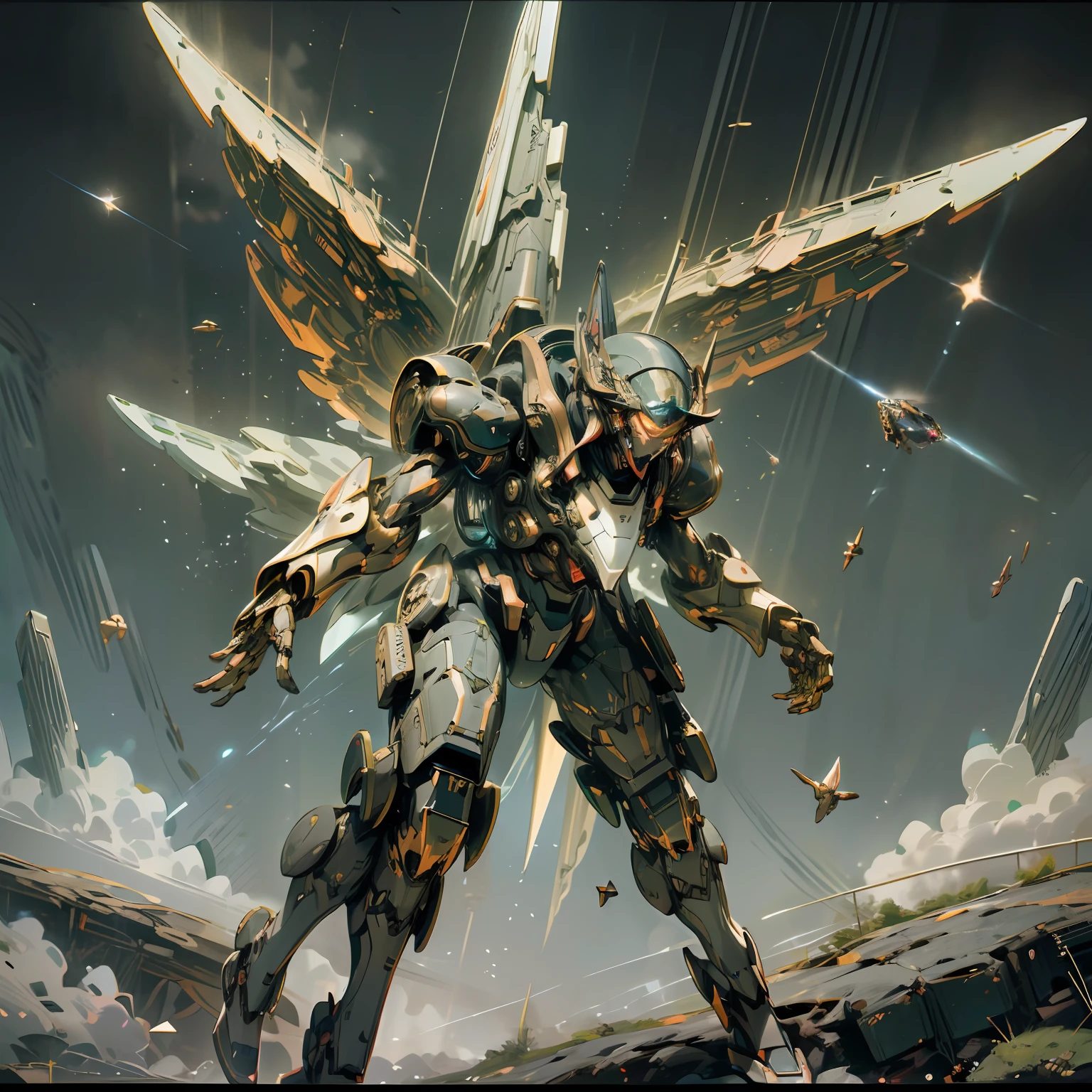 ((Best quality)), ((masterpiece)), (highly detailed:1.3), 3D, beautiful, (cyberpunk:1.2), in space, nebula, holding_weapon, (1Female mecha:1.3), facing the viewer, glowing eyes, full body, (flying, swooping down, dynamic, motion blur: 1.4), (huge mecha wings: 1.6), looking up, glowing_eyes, mecha, panorama, background is earth, nebula, space, particles, reality, HDR (High Dynamic Range), Ray Tracing, NVIDIA RTX, Super Resolution, Unreal 5, Subsurface Scattering, PBR Texturing, Post Processing, Anisotropic Filtering, Depth of Field, Maximum Clarity and Clarity, Multilayer Textures, Albedo and Specular map, Surface shading, accurate simulation of light-material interaction, perfect proportion, Octane Render, two-tone lighting, large aperture, low ISO, white balance, rule of thirds, 8K RAW, efficient sub-pixel, sub-pixel convolution, --auto --s2