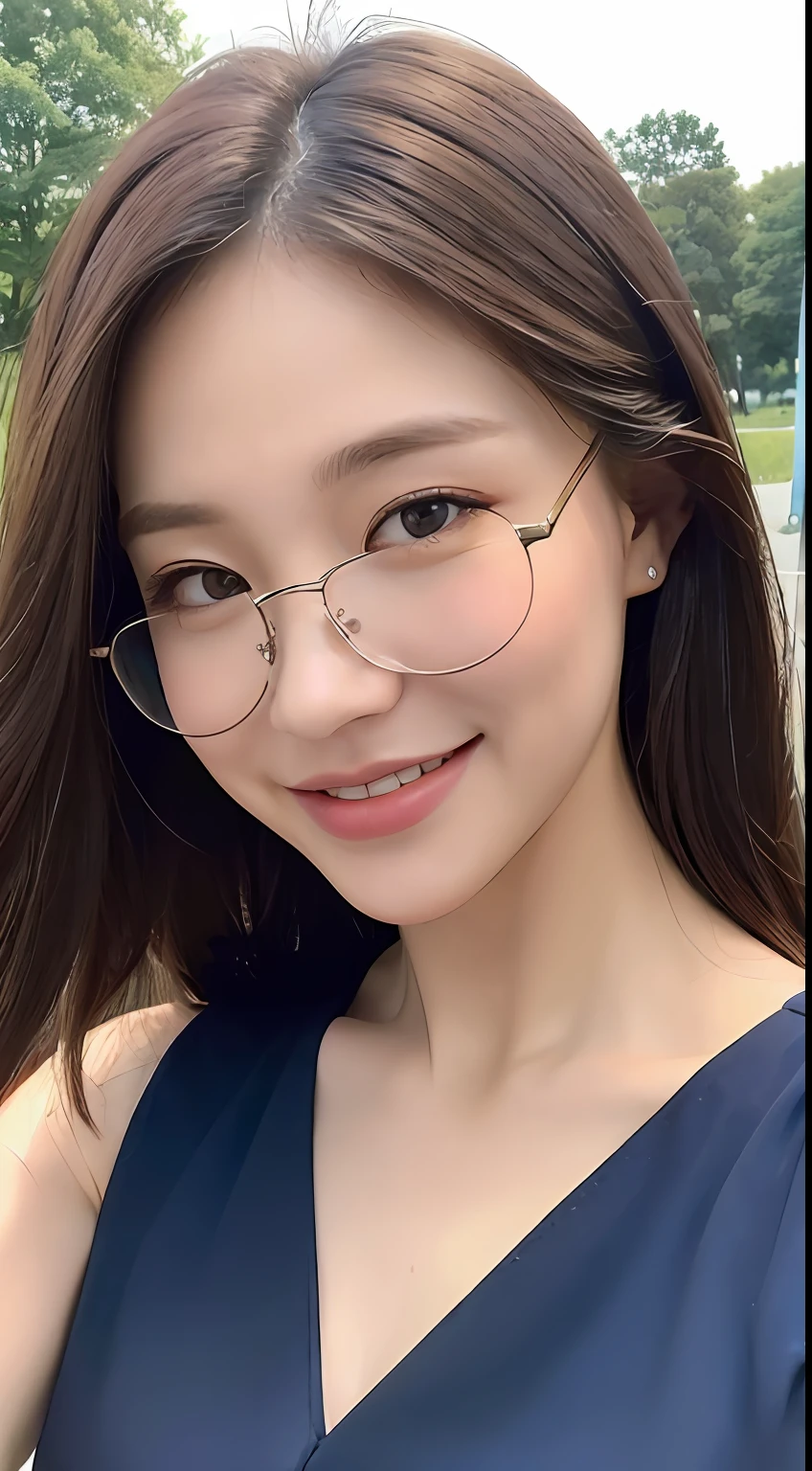((Best quality, 8k, Masterpiece :1.3)), 1girl, taking selfie, closeup, smiling, slim face, Pretty woman, (Dark brown hair), full length dress :1.1, Ultra-detailed face, Detailed eyes, Double eyelid,  blur background, slim face, city, on road, countryside, glasses, sunny, blue sky