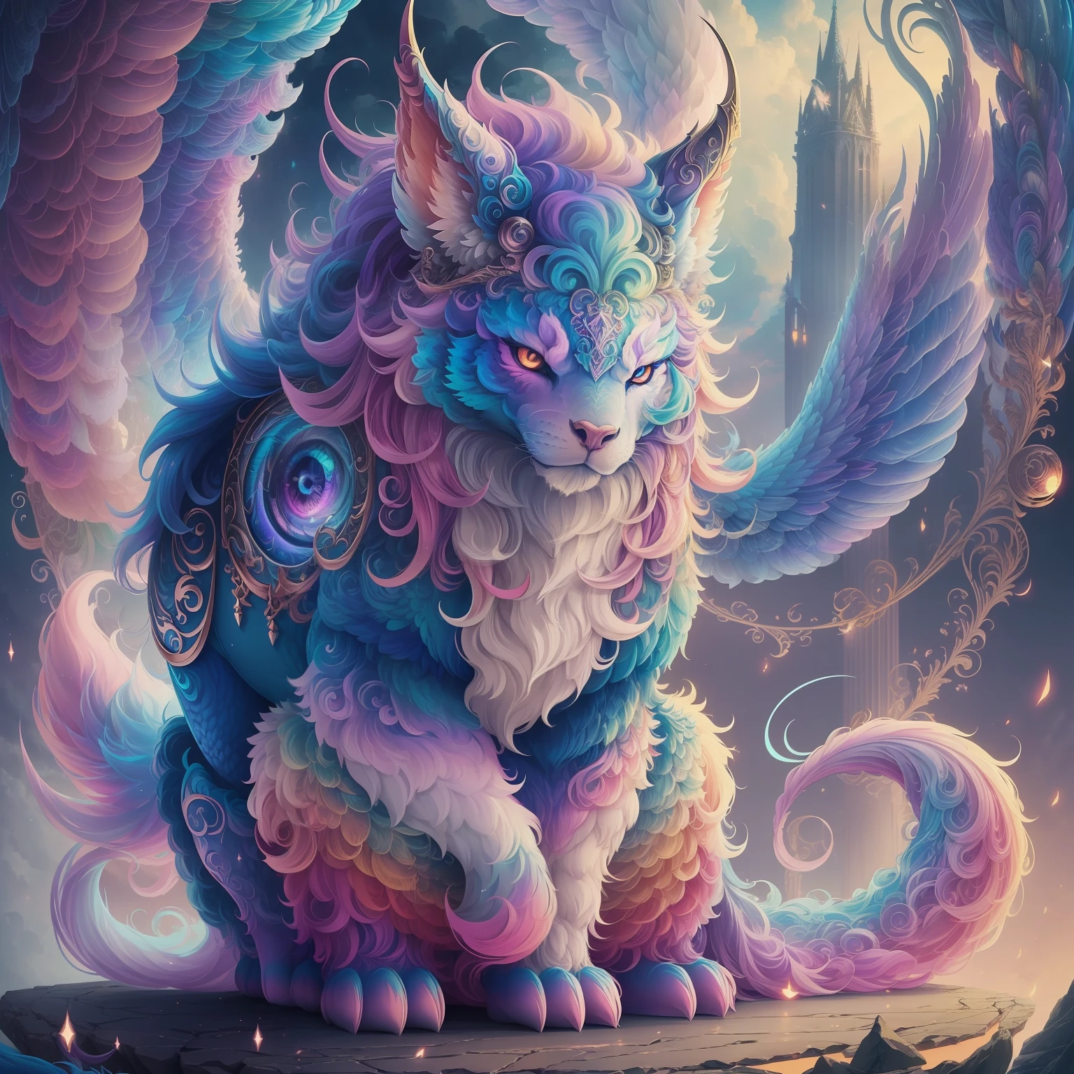mythical creature, beast, fluffy, gradient color ((best quality)), ((masterpiece)), ( extreme detailed, highest detailed, official art, beautiful and aesthetic:1.2), depth of field, composition, FULL BODY, (CHIBI), (beautiful and detailed eye:1.3), Long tail --auto --s2