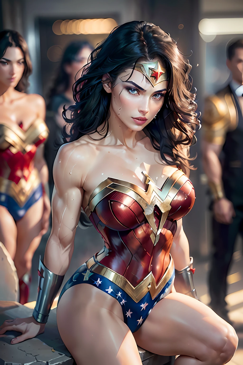 1woman, Wonder Woman, (intricate details, makeup), (delicate and beautiful delicate face, delicate and beautiful delicate eyes, perfectly proportioned face), (realistically moist skin: 1.0), (drenched body: 0.5), (wet skin), wet hair, delicate skin, strong and realistic blue eyes, realistic black hair, lips, makeup, natural skin texture, tiara, jewelry, star \(symbol\), leotard, bulletproof gauntlet, red boots, golden girdle, (public clothing: 1.5), bare shoulders, slightly sunburned complexion, mature, sexy, toned muscles, (muscles:1.2), ((strong and healthy body)), ((((more) muscles))), long legs, curves, (big breasts: 1.3), thin waist, soft waist, (delicate skin), (beautiful and sexy woman), (swollen lips: 0.9), very delicate muscles, standing, inside the meeting room, (next to men in suits), (man sitting: 1.2), (man raising their arms), behind, (realistic: 1.5), photorealistic, octane rendering, hyperrealistic, tight modeling, (photorealistic face: 1.2), thick eyelashes, long eyelashes, (curly dark hair: 1.1), best quality, half smile, (looking at the viewer), sharp focus, (4k), (masterpiece), (best quality), fantasy, extremely detailed, intricate, hyper detailed, (perfect face), illustration, soft lighting,(specular lighting:1.4), blue eyes, absurdly photorealistic, ultra high resolution, intricate, hyperdetailed, (skindentation), female, detailed body, (detailed face: 1.1), (outlined iris), (hydrocolor lenses), (perfect eyes), 4k, gorgeous, (masterpiece: 1.2), (best quality:1.2),
