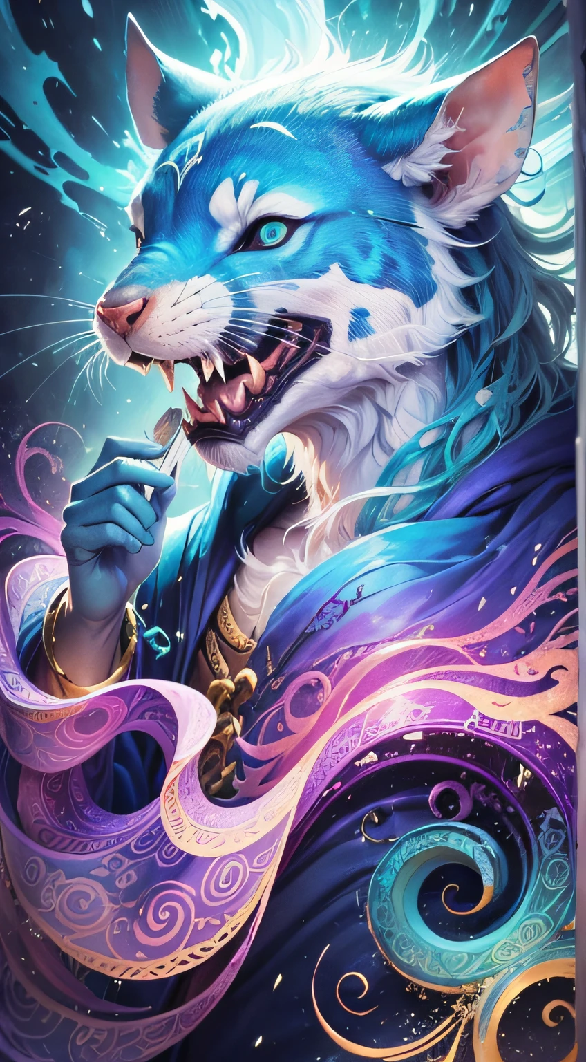 Single by-composite whole body image, (The head of the rat of the zodiac sign, Emaciated man's body, Wearing a cyan robe, The background is elements of Chinese Taoism), BREAK Making Art (Watercolor, splashing, Pop Art) (Cold Light Source: 1.2), Lots of purple and blue, Intricate details, volumetric lighting, Lyrical Abstraction BREAK (Masterpiece: 1.2), （best quality）, Ultra-detailed, (Dynamic composition: 1.6), Very detailed, Colorful details, Dreamy, Magical, (Solo: 1.2), 4k