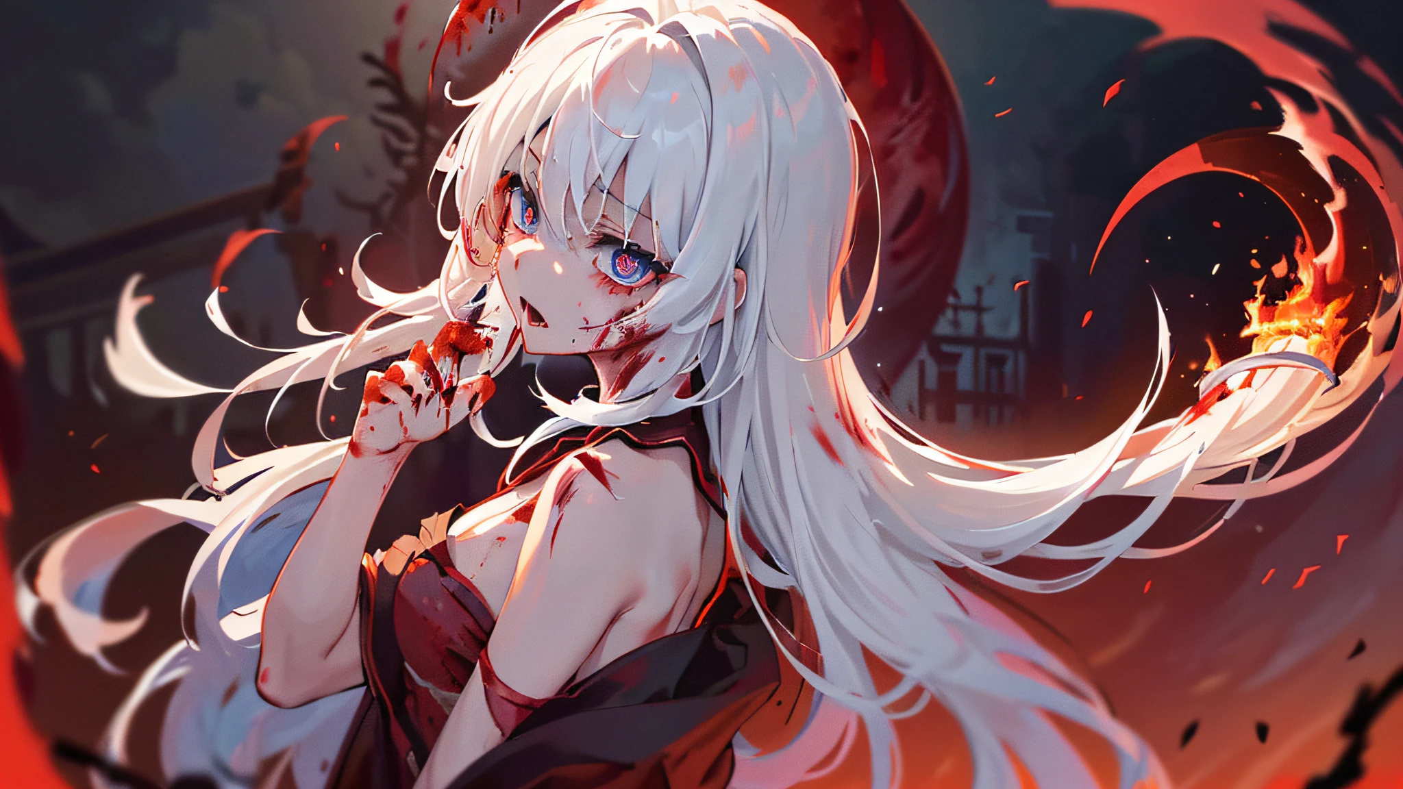 ((extremely detailed CG unity 8k wallpaper)),((world masterpiece theatre)), (best illumination), (best shadow), dynamic angle,(best quality), ultra-detailed, Depth of field (bloom),floating,( an extremely delicate and beautiful girl:1.6), (solo:1.5),cowboy shot,(:1.1),(white hair dyed red with (blood:1.2):1.5),disheveled hair,long hair,extra hair,ahoge,(blue eyes:1.18),glowing eyes, blank stare,evil smile,(open the mouth:1.3),bare shoulders,(blood hands:1.01),small breasts,[Japanese Kimono:Chinese cheongsam:0.4],((burning) house:1.35),(specific flame:1.25),ruins,(Red Spider Lily floating in the air:1.15),[flying sparks and flames:1.15)::20],(red full moon:1.4),(view straight on:1.2)