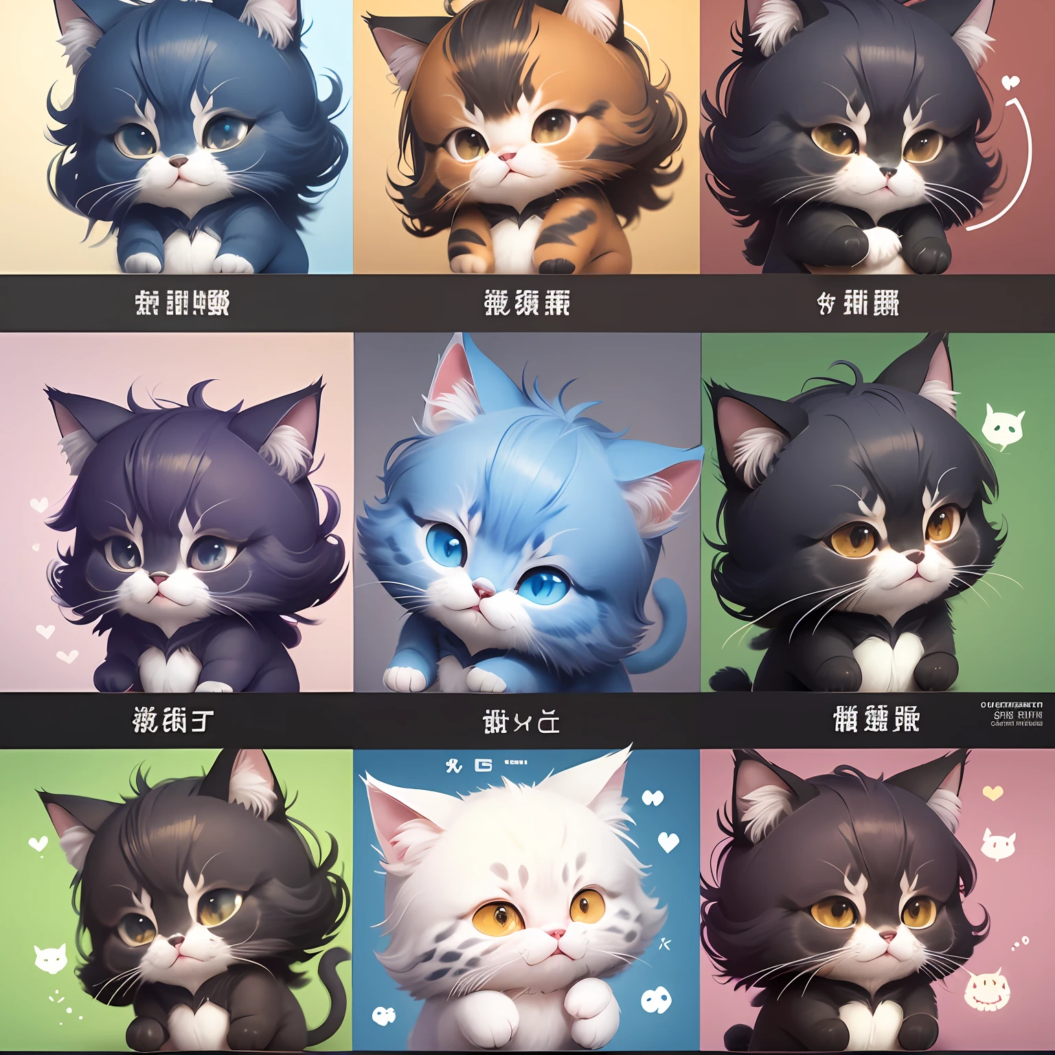Various expressions of kitten furball, multiple poses and expressions, happy, angry, sad, crying, cute, expressing love, etc., emoji, f/128 groups, related characters, bold silhouette --AR 4:3 --niji 5 --style cute --s 400 --v 5, cute kitten, 2D characters, white background, rich expressions, joy, anger and sorrow, go to the background, consistent size, flat cartoon, bubble mart style, lazy kitten, photoshop cutout special, various body language, --auto --s2