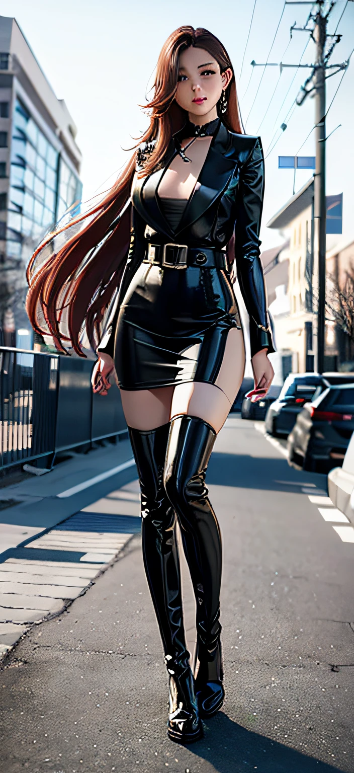 from below,looking at viewer, tall girl,a girl has a pair of long legs,sugar_botz, black leather thigh boots, pencil_dress, wearing a pencil_dress, a woman wearing a blue pencil_dress with a belt,kpop idol,(raw photo:1.2),((photorealistic:1.4))best quality ,(1girl:1.2),sexy,masterpiece,(full body:1.5),illustration, an extremely delicate and beautiful, extremely detailed ,CG ,unity ,8k wallpaper, Amazing, finely detail, masterpiece,best quality,official art,extremely detailed CG unity 8k wallpaper,absurdres, incredibly absurdres, huge filesize, ultra-detailed, smile, pose,small areolae,hair ornament,warm light,instagram, (standing:1.2),( night,city,street),(170cm:1.5),(tall:1.5), (slim:1.2),(long legs:1.5),(long hair:1.2),(standing:1.3),ulzzang-6500-v1.1,