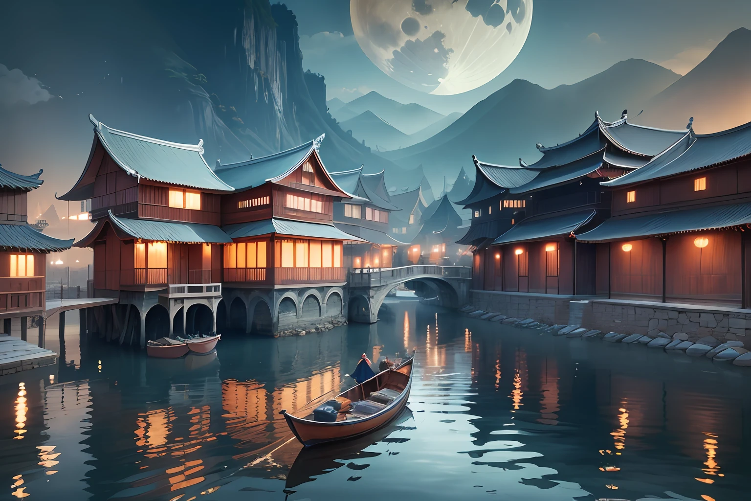 (Best quality, 8k, masterpiece: 1.3), landscape painting, vista, ink painting, ancient Chinese complex, there is a building in the center, there are many buildings around, night, moon, bright lights, the building complex is on the opposite bank of the water, there are many people standing in the building, there are many people walking on the street, wide streets, boats rowing in the water, rushing to gather, lively, there are small rivers and streets, houses on both sides of the small river, boats cross a wooden arch bridge, thinking that the young lady is standing on the bridge,