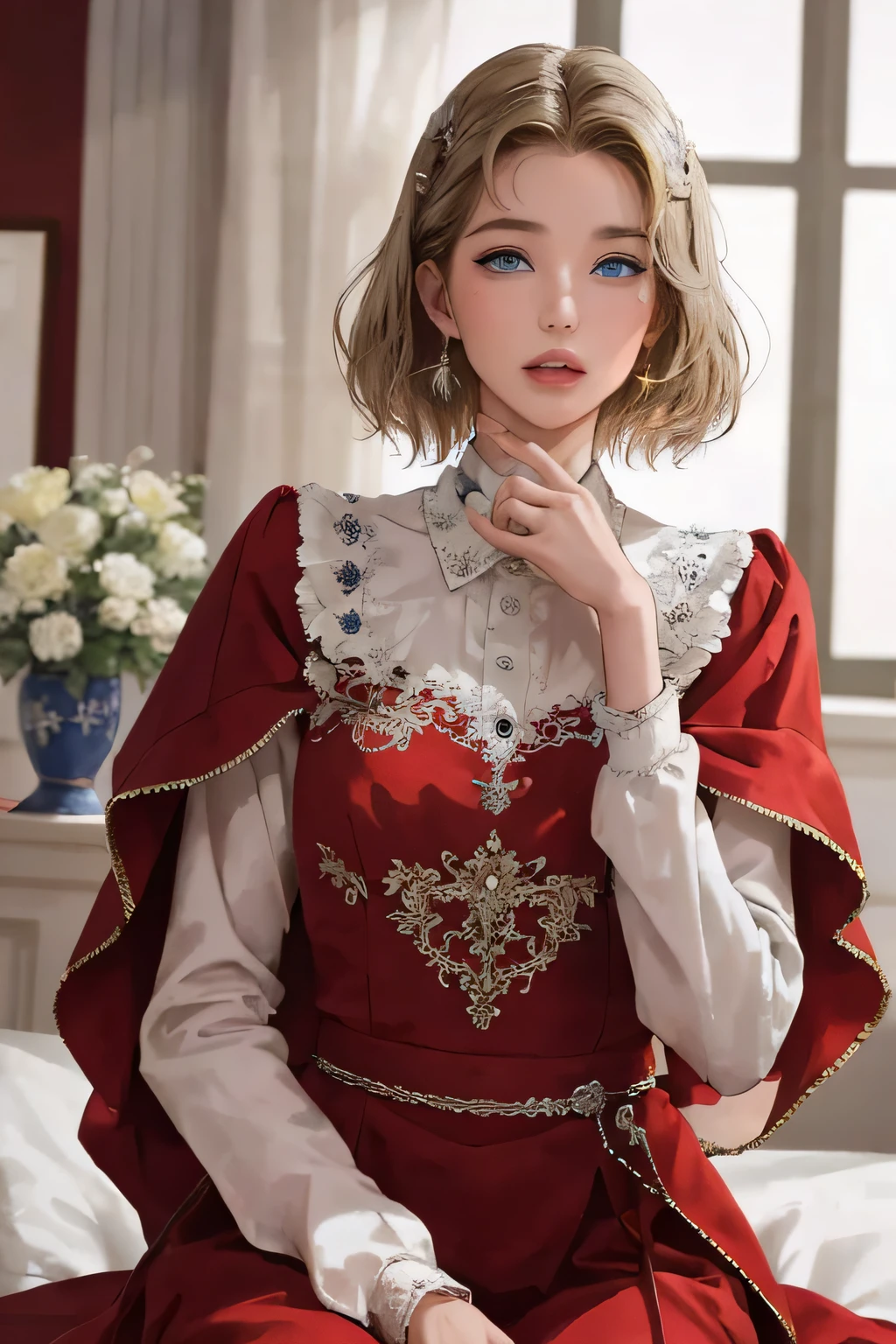 (masterpiece:1.2, best quality), realistic, (real picture, intricate details, depth of field), Best quality, masterpiece, highly detailed, semi realistic, 1 girl, mature female, 21 years old, with short golden hair, left eye covered by hair, blue eyes, king's clothing, red cloak, slim figure