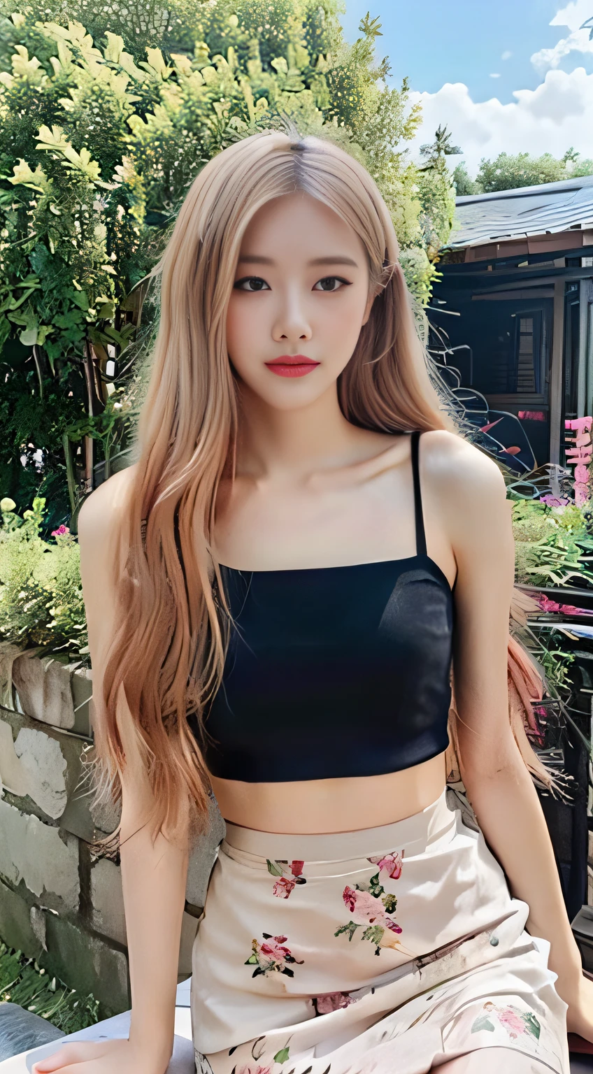 ((Best Quality, 8K, Masterpiece: 1.3)), Focus: 1.2, High School Girl, Motorcycle Pilot, Perfect S-Shaped Body, (Firm Eyes) (Sexy, Feast for the Eyes), Delicate Face, Long Hair Waist Length, Long Hair Flowing, Light Smile, Hair Details, Delicate Full Body Portrayal, Delicate Face Portrayal, Best Image Quality, High Resolution, Detailed Background, Delicate Characterization, Delicate Details, Rich Details, Face Enhancement, (Black Short Top, Floral Midi Skirt), Blue Sky and White Clouds, Sitting in the Flowers, Wooden house with no bags under the eyes