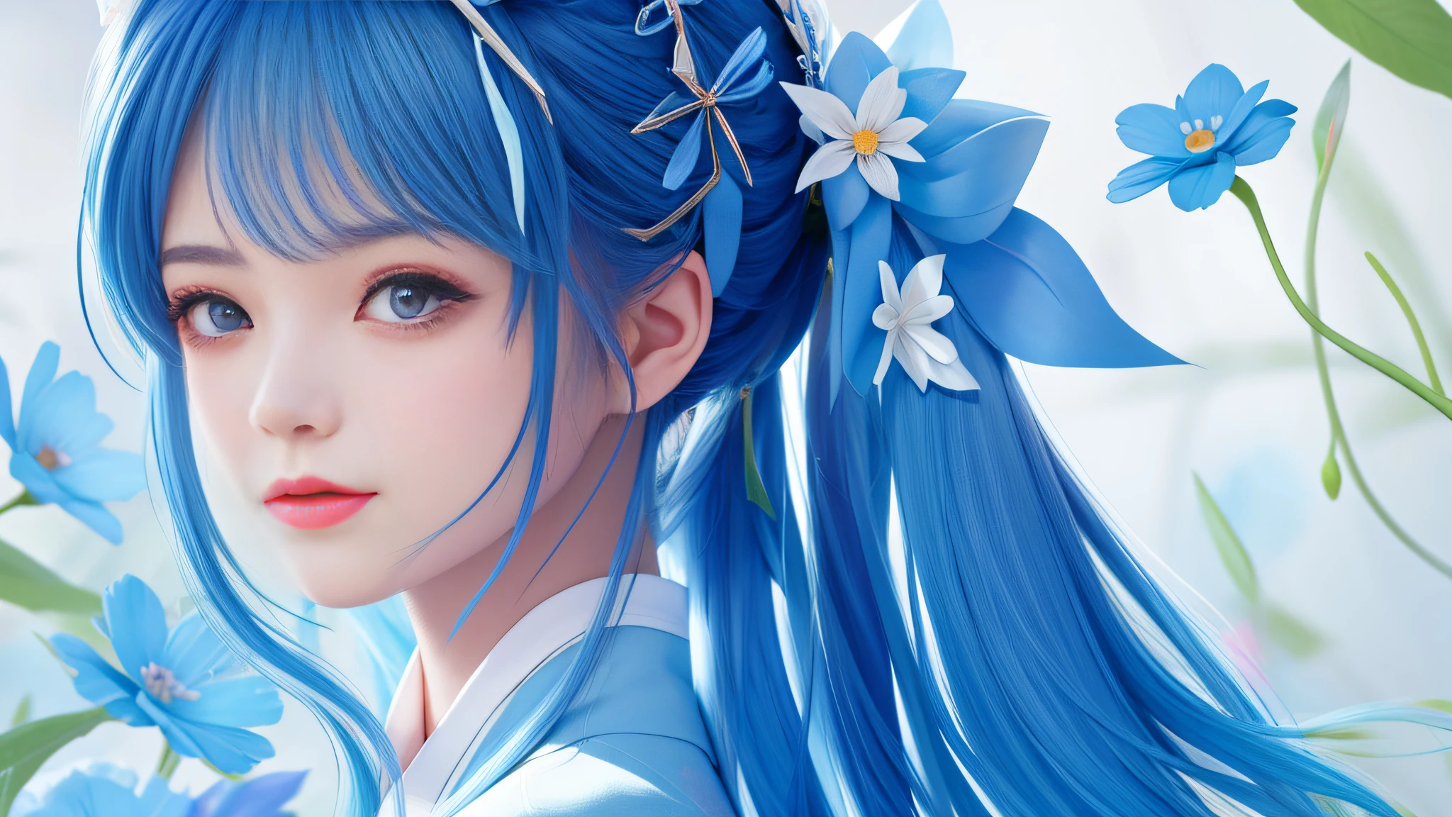 Redrawn graffiti part with delicate blue flower hairpin