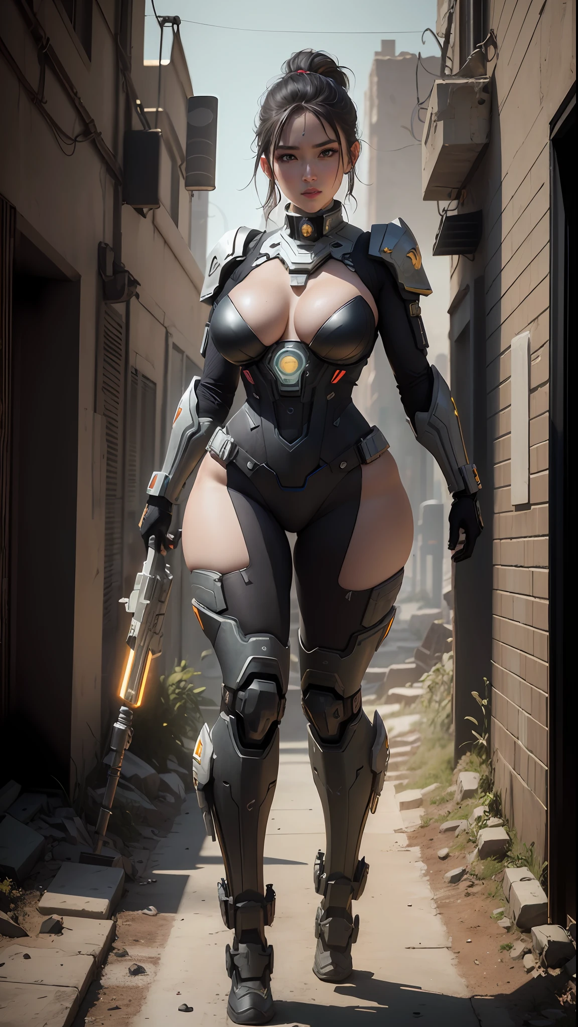 ((Best Quality)), ((Masterpiece)), (Very detailed: 1.3), 3D, Shitu-mecha, Beautiful cyberpunk woman with her mecha in ruins of a city in the forgotten war, half rotten body, half rotten face, big breasts, thin waist, plump buttocks, wearing a red special combat suit with one thigh and one arm exposed, exposed shoulders, ancient technology, HDR (High Dynamic Range), ray tracing, NVIDIA RTX, Super Resolution, Unreal 5, Subsurface scattering , PBR Textures, Post-Processing, Anisotropic Filtering, Depth of Field, Maximum Clarity and Acutance, Multi-layer Textures, Albedo and Highlight Maps, Surface Shading, Accurate Simulation of Light-Material Interactions, Perfect Proportions, Octane Rendering, Duotone Lighting, Low ISO, White Balance, Rule of Thirds, Wide Aperture, 8K RAW, High Efficiency Sub-Pixel, Subpixel Convolution, Glowing Particles, Light Scattering, Tyndall Effect