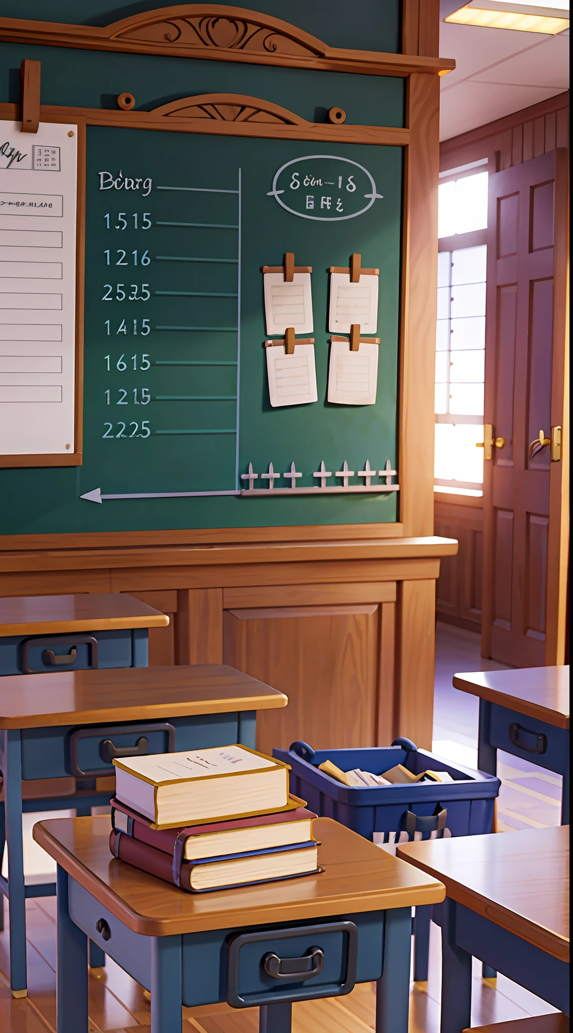 Masterpiece, best quality, school, classroom, desk books, blackboard