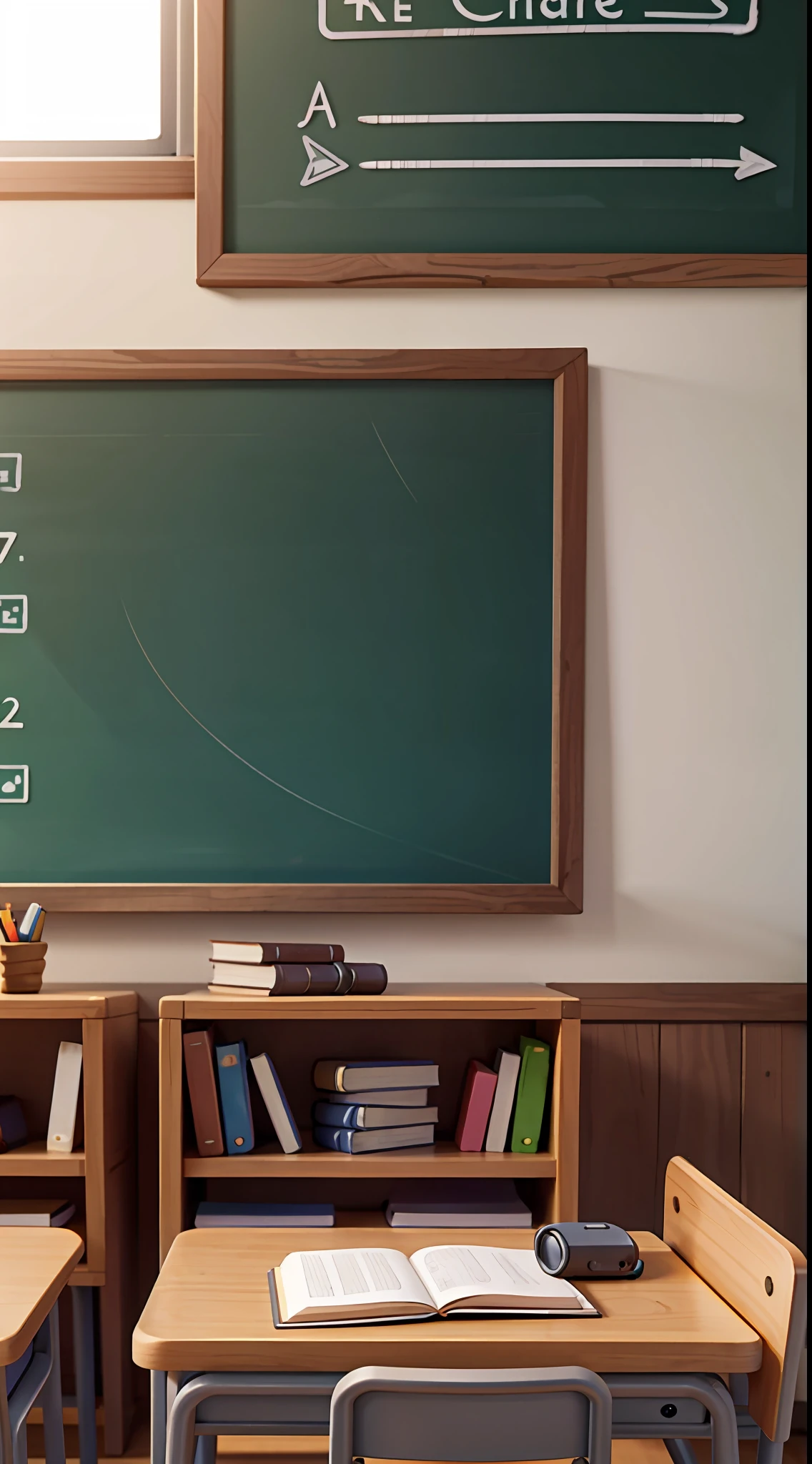 Masterpiece, best quality, school, classroom, desk books, blackboard
