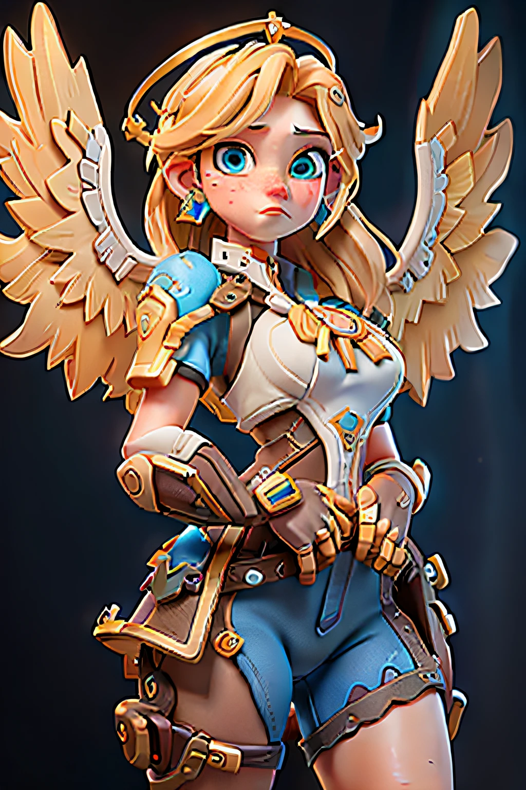 (masterpiece, best quality), intricate details, 1girl, 1girl, solo, mercy (overwatch), mechanical halo, breasts, blue eyes, blonde hair, pantyhose, mechanical wings, wings, halo, holding, bodysuit, cowboy shot, yellow wings, brown pantyhose, lips, gloves, pelvic curtain, black gloves,