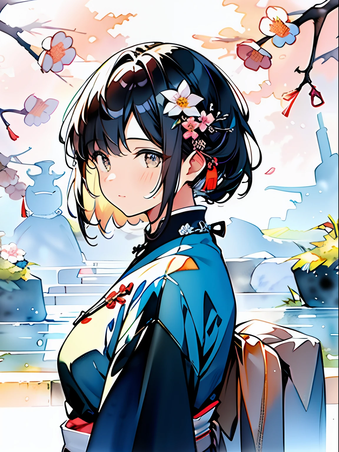 Portrait, Beautiful Avatar, Watercolor, (Illustration: 1.1), (Best Quality), (Masterpiece: 1.1), (Very Detailed CG Unity 8k Wallpaper: 1.1), (Color: 0.9), (Panorama: 1.4), (Full Body: 1.05), (Single: 1.2), (Splash Ink), (Splash Color), ((Watercolor)), Clear and Sharp, {1girl Standing}, ((Chinese Style)), Flower Background, Outdoor, Rock, Looking at the Viewer, Making Happy Expressions, Soft Smile , pure, beautiful detailed face and eyes, beautiful intricate clothing pattern details, black hair, black eyes, colorful watercolor