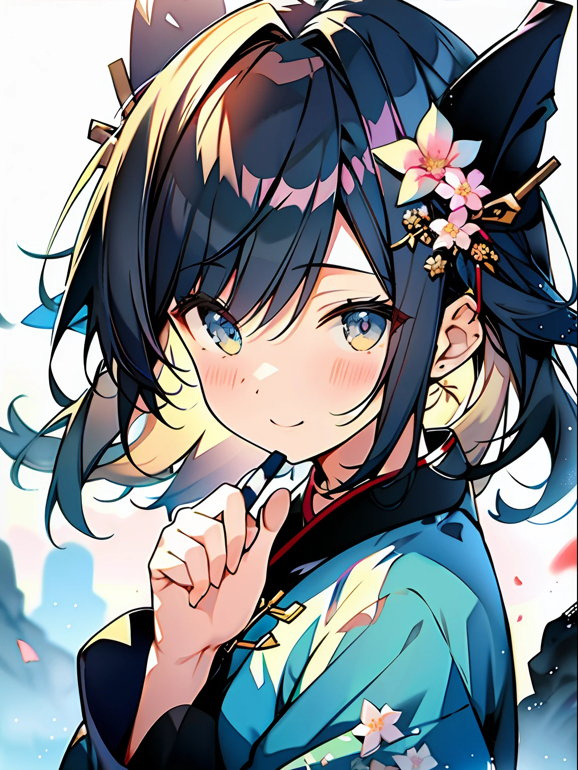 Portrait, Beautiful Avatar, Watercolor, (Illustration: 1.1), (Best Quality), (Masterpiece: 1.1), (Very Detailed CG Unity 8k Wallpaper: 1.1), (Color: 0.9), (Panorama: 1.4), (Full Body: 1.05), (Single: 1.2), (Splash Ink), (Splash Color), ((Watercolor)), Clear and Sharp, {1girl Standing}, ((Chinese Style)), Flower Background, Outdoor, Rock, Looking at the Viewer, Making Happy Expressions, Soft Smile , pure, beautiful detailed face and eyes, beautiful intricate clothing pattern details, black hair, black eyes, colorful watercolor