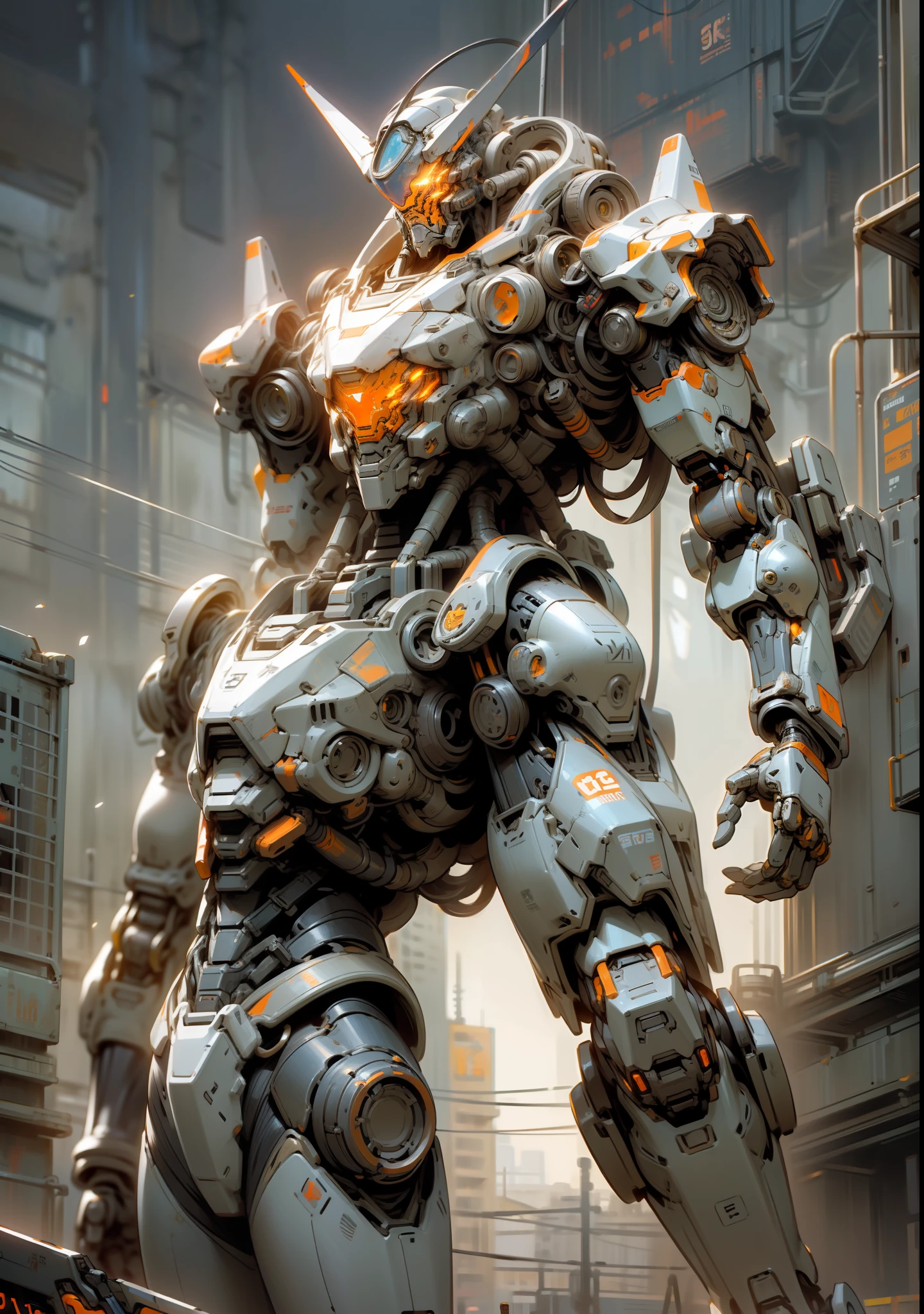 On the moon, barren planet, ruins, holding weapons, no humans, glowing, robot, building, glowing eyes, orange mech, science fiction, city, reality, mecha, galaxy background, full body, neon, cyber Punk, 8K wallpapers, ultra-detailed artwork, cinematic lighting, realistic photos, Dark_Fantasy, Cyberpunk, (chain saw, chain saw man, Red: 1.1), 1man, Mechanical marvel, Robotic presence, Cybernetic guardian, wearing a worn-out machine armor suit, intricate, (steel metal [rust]), elegant, sharp focus, photographed by greg rutkowski, soft lighting, vibrant colors, masterpiece, ((street)), cowboy shot, dynamic pose, --auto --s2