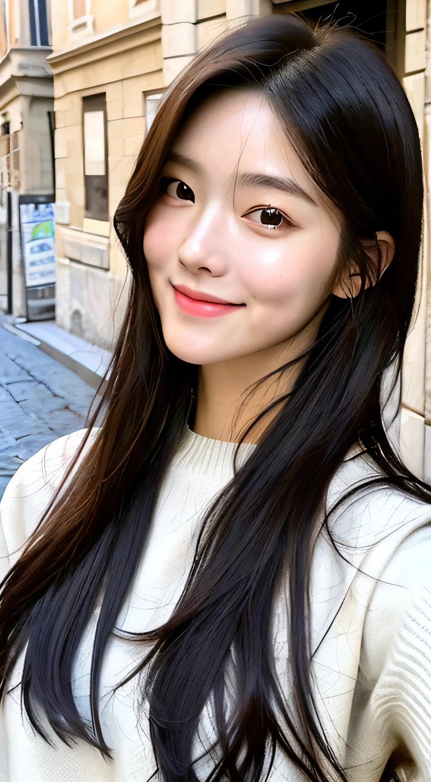 realistic photos of (1 cute Korean star) Shoulder-length hair, thin makeup, medium breasts size, slightly smile, t-shirt and sweater, in Rome, taking selfie, from above, clear facial features, 16K high resolution, sharp and realistic details.