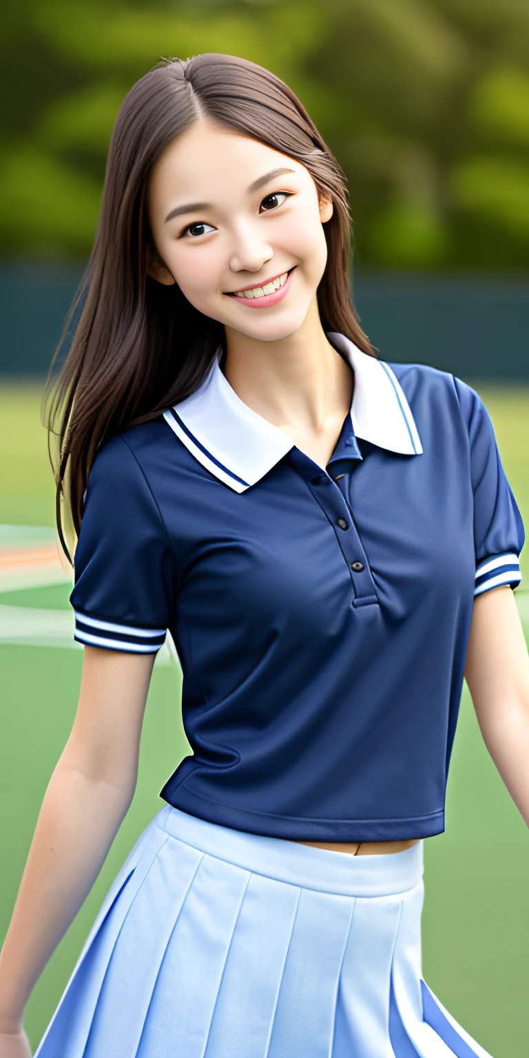 neat college girl, petite, (school uniform, summer clothes, short sleeves), outside the athletic field, (slim), photorealistic, detail, skin texture, ultra detail, delicate sexy collarbone, smile, super detailed face, detailed lips, detailed eyes, breast enhancement, waist thin