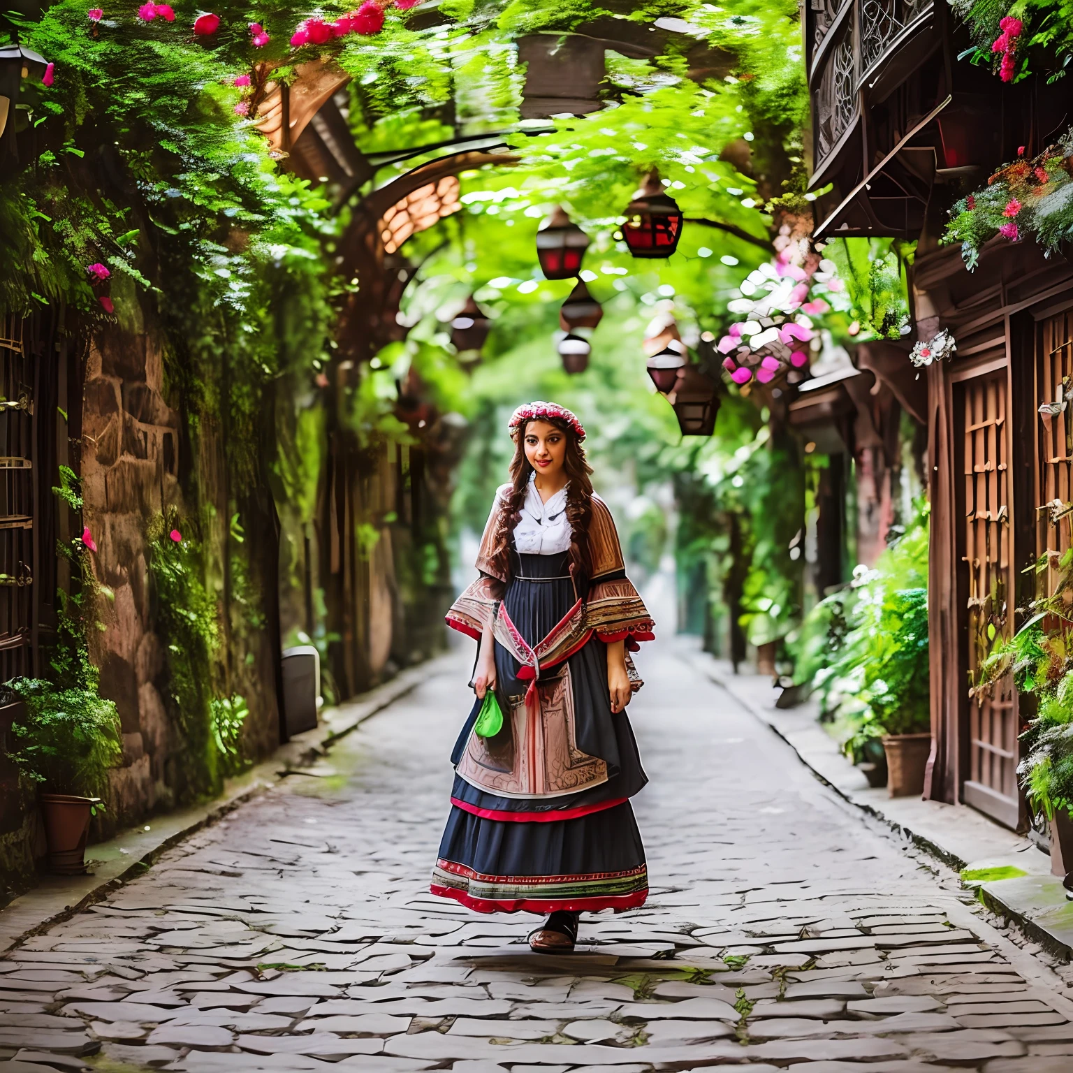 Full body shot cute woman wearing old style dress is in charming hidden fantasy square, bohemian paradise, elevated walkways connecting buildings like tree branches, iron and magic, stunning cinematic --ar 3:4 --q 2 --c 10 --v 5.1 --auto --s2