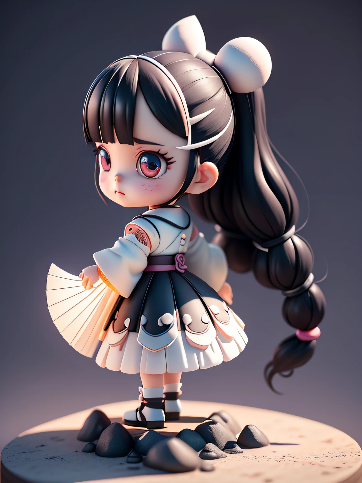 Official Art, Unified 8k Wallpaper, Super Detailed, Beautiful and Aesthetic, Masterpiece, Best Quality, Oversized Wallpaper, Detailed Plastic Material, ((Same Character, Front, Side, Back)) Best Quality, (Very Detailed Model), (Best Quality), Octane Rendering, Ray Tracing, Very Detailed, 3D Toy, Exaggerated Juggy Long Hair, Girl (Full Body) (3D Hair, Cute Hair Accessories, ((Kids)), Beautiful Eyes, Cute Big Eyes, Cute Face, White and Black Gradient, Drum Skirt, cute skirt, chib, fluorescent translucent, colorful, plastic, children's clear, product design, glowing jelly, delicate cute plastic, aesthetic light and shadow 3d, digital art, translucent plastic bubblegum, close-up, 3d, super detailed, generate front view, side view, half side view triple view, borderless, c4d, octane rendering, blender, hd, full body, sekiro on cliff top, looking at Ashina castle, feudal China, ray tracing, sinister environment, super detailed background