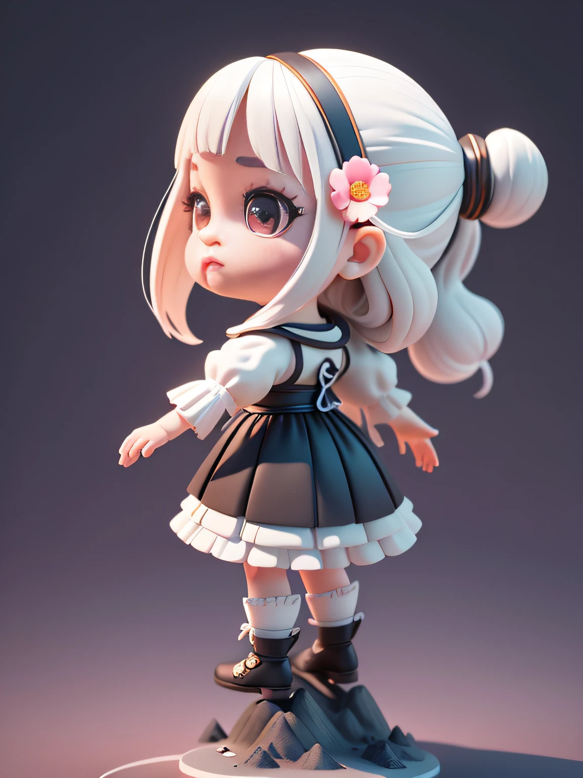 Official Art, Unified 8k Wallpaper, Super Detailed, Beautiful and Aesthetic, Masterpiece, Best Quality, Oversized Wallpaper, Detailed Plastic Material, ((Same Character, Front, Side, Back)) Best Quality, (Very Detailed Model), (Best Quality), Octane Rendering, Ray Tracing, Very Detailed, 3D Toy, Exaggerated Juggy Long Hair, Girl (Full Body) (3D Hair, Cute Hair Accessories, ((Kids)), Beautiful Eyes, Cute Big Eyes, Cute Face, White and Black Gradient, Drum Skirt, cute skirt, chib, fluorescent translucent, colorful, plastic, children, transparent, product design, glowing jelly, delicate cute plastic, aesthetic light and shadow 3d, digital art, translucent plastic bubblegum, close-up, 3d, super detailed, generate front view, side view, half side view triple view, borderless, c4d, octane rendering, blender, hd, full body, sekiro on clifftop, Chinatown, super detailed background