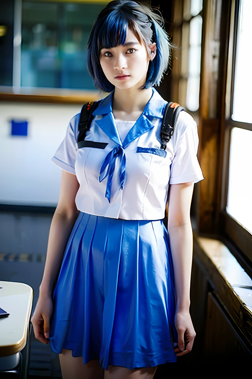 ((Top Quality, 8k, Masterpiece: 1.3)), (Photorealistic: 1.4), Dramatic Lighting, Colossal, Rei Ayanami, Short Hair, Blue Hair, Evangelion Uniform, School Classroom