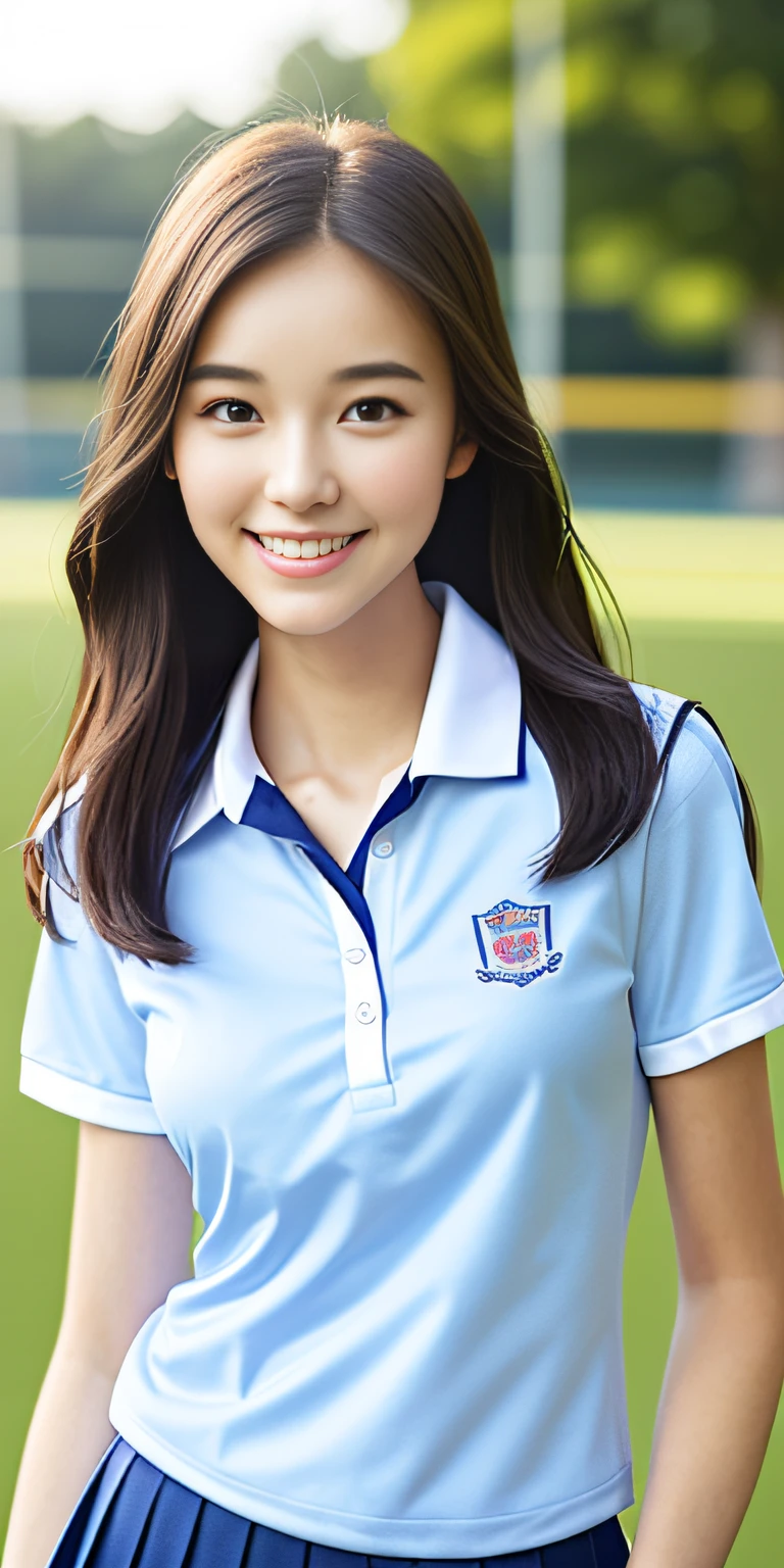 neat college girl, petite, (school uniform, summer clothes, short sleeves), outside the athletic field, (slim), photorealistic, detail, skin texture, ultra detail, delicate sexy collarbone, smile, super detailed face, detailed lips, detailed eyes, breast enhancement, waist thin