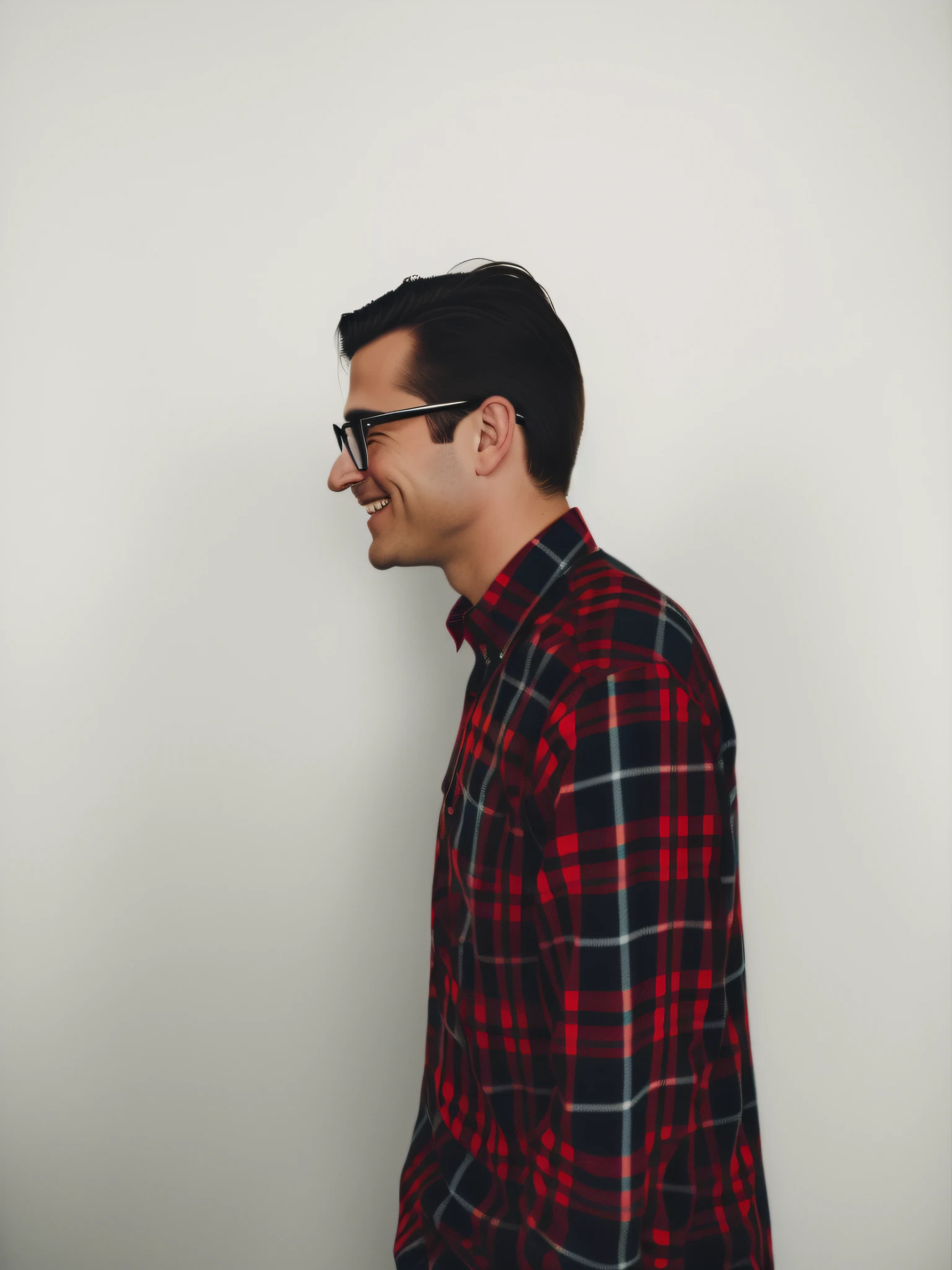 man in a red and black plaid shirt standing in front of a white wall, wearing glasses, ((laughing)), clean shaven, looking to the side off camera, side portrait imagery, head turned to the side, posed in profile, wearing a red lumberjack shirt, side profile portrait, wearing a flannel shirt, profile pose, profile view, looking from side, side profile centered portrait, propaganda art, ww 2 allied propaganda poster, hearts of iron portrait, wwii propaganda poster, profile pose, side profile artwork, promotional art, man, serious expression, looking up, pictured from the shoulders up, oil painting, money artwork, postmark, print