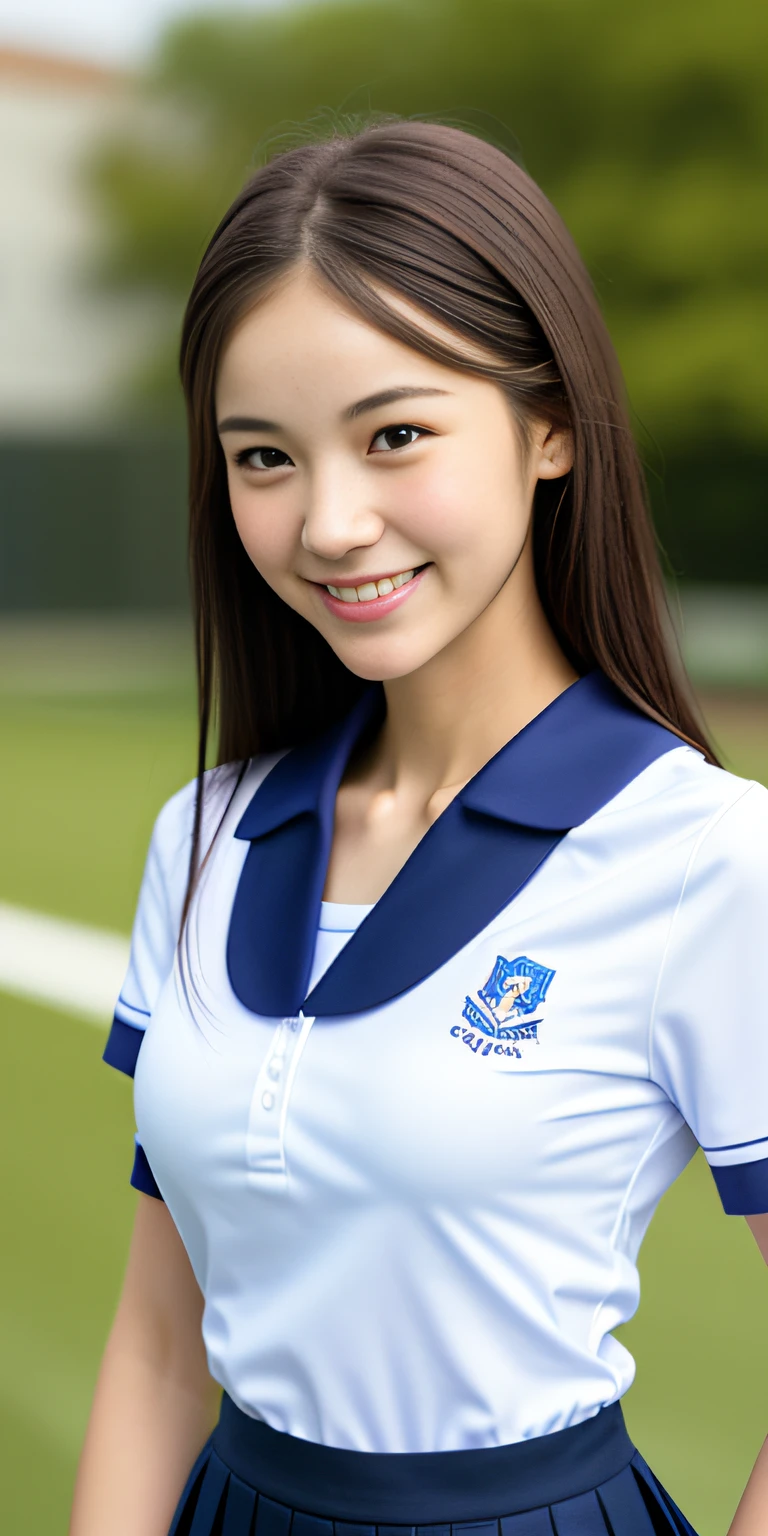 neat college girl, petite, (school uniform, summer clothes, short sleeves), outside the athletic field, (slim), photorealistic, detail, skin texture, ultra detail, delicate sexy collarbone, smile, super detailed face, detailed lips, detailed eyes, breast enhancement, waist thin