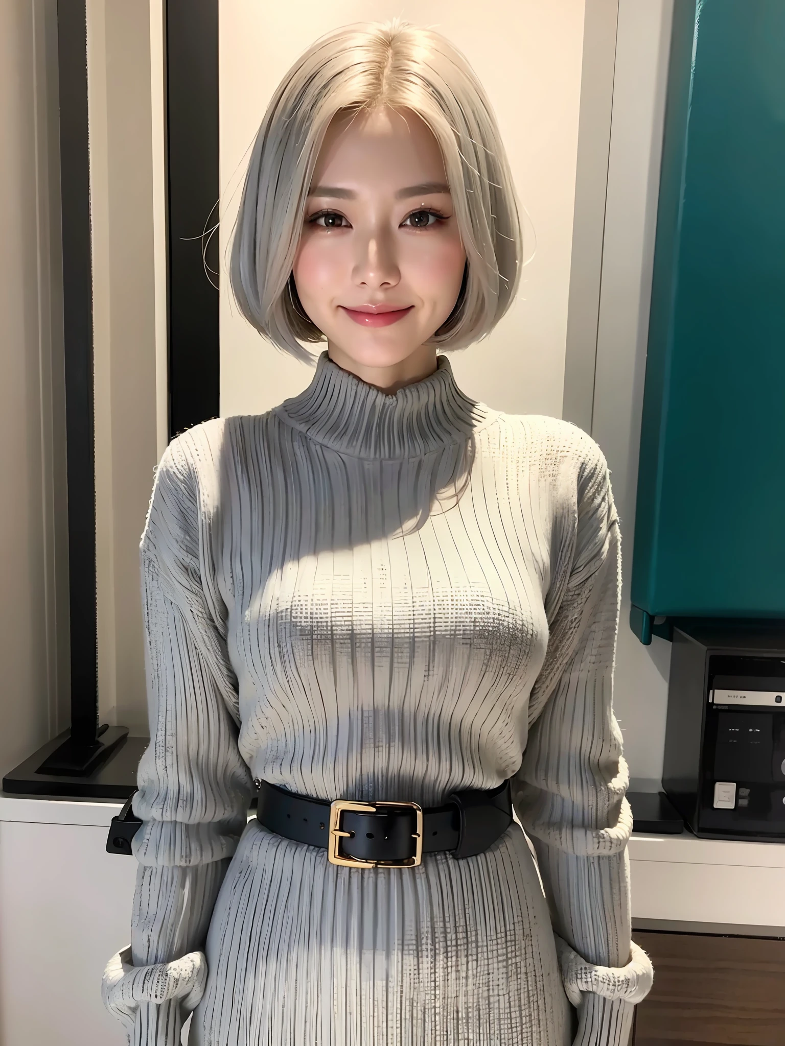 Full body, gray hair, (Dragoon: 1.2), Brantovan, masterpiece, top quality, official art, very elaborate CG Unity 8K wallpaper, for girls, ultra high resolution, (photorealistic: 1.4), golden hour lighting, sweater dress, (upper body), (platinum shorthair: 0.8), (puffy eyes), looking at the viewer, frontal, (smile), medium breasts, shirt lift, shorthair,