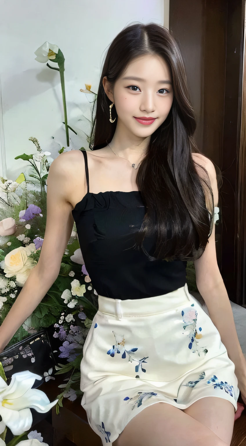 ((Best Quality, 8K, Masterpiece: 1.3)), Focus: 1.2, High School Girl, Motorcycle Pilot, Perfect S-Shaped Body, (Firm Eyes) (Cute), Delicate Face, Long Hair Waist Length, Long Hair Flowing, Head Tilted, Smile, Hair Details, Delicate Full Body Portrayal, Delicate Face Portrayal, Best Image Quality, High Resolution, Detailed Background, Delicate Characterization, Delicate Details, Rich Details, Face Enhancement, (Black Short Top, Floral Midi Skirt), Blue Sky and White Clouds, Sitting Among the Flowers, Wooden House, There are no bags under the eyes
