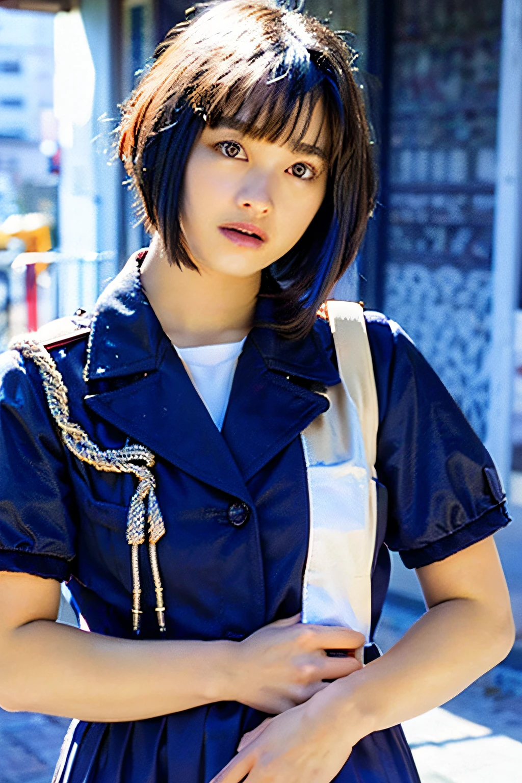 ((Top Quality, 8k, Masterpiece: 1.3)), (Photorealistic: 1.4), Dramatic Lighting, Colossal, Rei Ayanami, Short Hair, Blue Hair, Evangelion Uniform, School Classroom