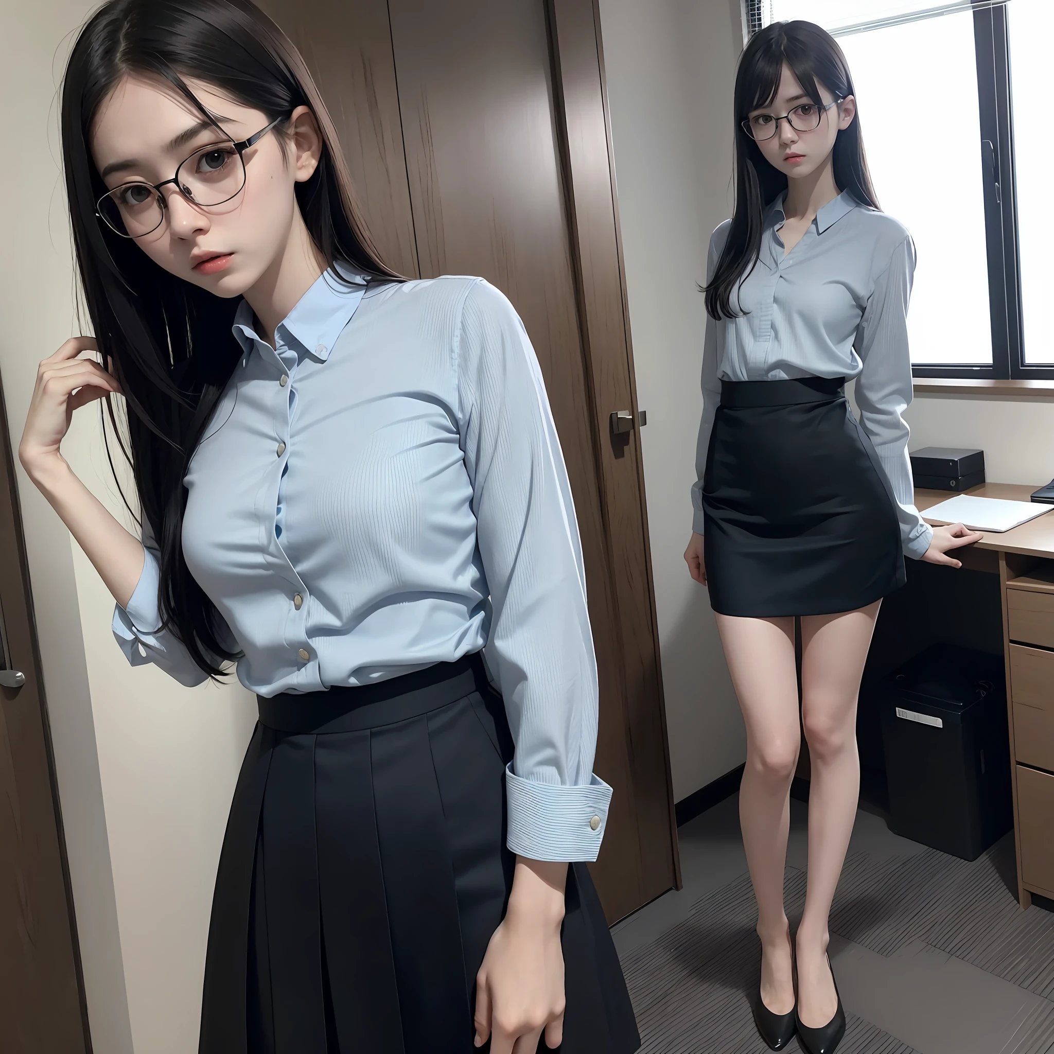 Raw photo, frank, textured skin, 1 girl,full body, (medium hair:1.2), pale skin, Japan person, glasses, small, young, tall, dark expression, dark image, bright black eyes, anger, office lady, blue skirt, slender body, medium build, small waist, wide thighs, photorealistic, best quality, 8k, masterpiece