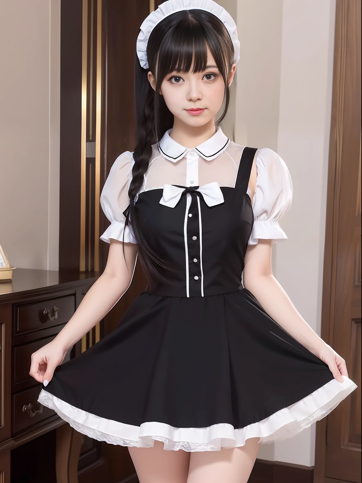 anime girl with long black hair and dress and panties, anime girl in maid costume, maid outfit, gorgeous maid, girl in dress, maid dress, maid dress, anime girl in maid costume, maid, harry potter in maid uniform, anime moe art style,