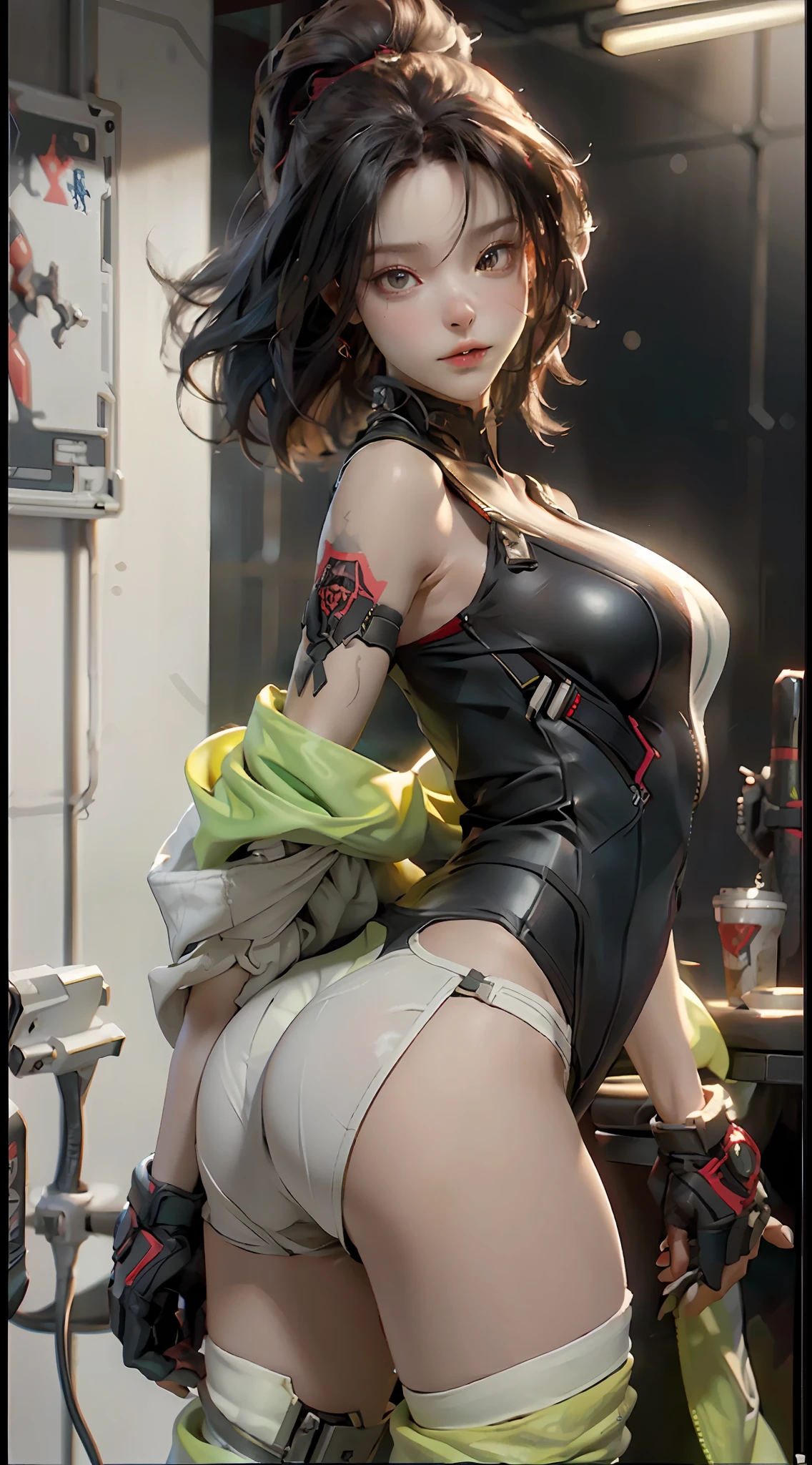 ((Best Quality)), ((Masterpiece)), (Details: 1.4), 3D, A beautiful cyberpunk female figure, big breasts, thin waist, full buttocks, wearing a red special combat suit, showing one thigh and one arm, exposed shoulders, half rotten body, half rotten face, HDR (High Dynamic Range), ray tracing, NVIDIA RTX, Super-Resolution, Unreal 5, Subsurface scattering, PBR texture, Post-processing, anisotropic filtering, depth of field, maximum sharpness and sharpness, multi-layer textures, albedo and highlight mapping, surface shading, accurate simulation of light-material interactions, perfect proportions, Octane Render, two-color light, large aperture, low ISO, white balance, rule of thirds, 8K RAW,