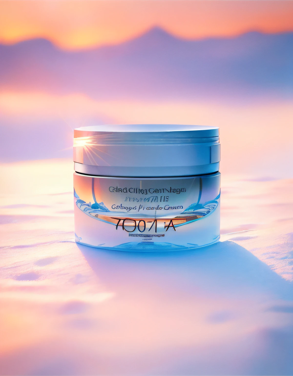 A product image of a skincare product, snow mountain background, masterpiece, best quality, very detailed shadows, high quality, textured landscape, award winning photography, depth of field, HDR, chromatic aberration, high contrast, ultra sharp, realism, cinematography, (very realistic), very detailed, intricate, high detail, national geographic of china, (700MM TELEPHOTO FAR FAR LENS), (EVENING SUNSET: 1.3), (Early winter Nordic Snow Mountains 1.5), (A little snow: 1.4), (Stream: 1.4), (Gravel: 1.4), (Alpine: 1.4)