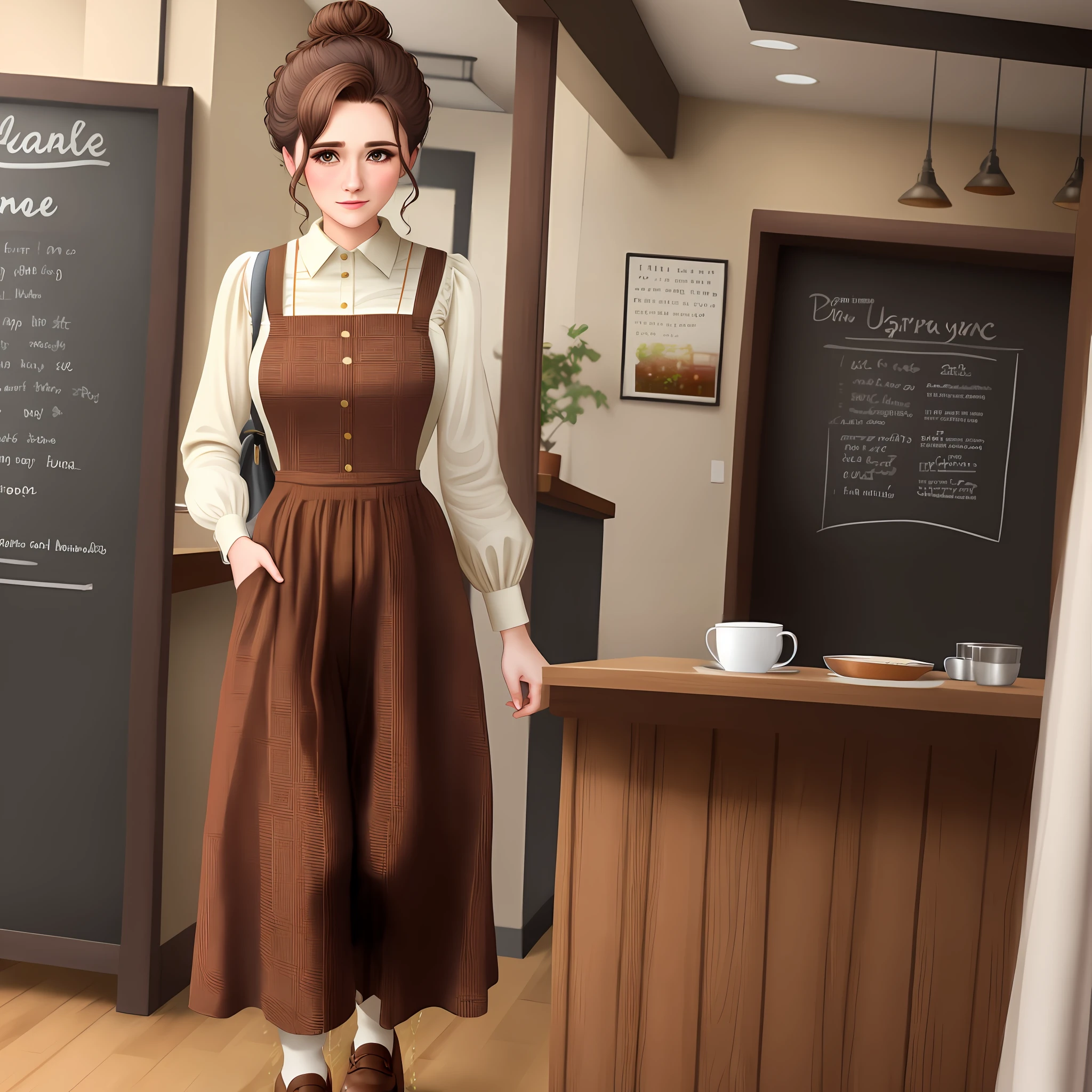 lady, brown updo hair, retro plaid pinafore dress, ((peeing stain)), peed pants, embarrassed, petticoat, cafe