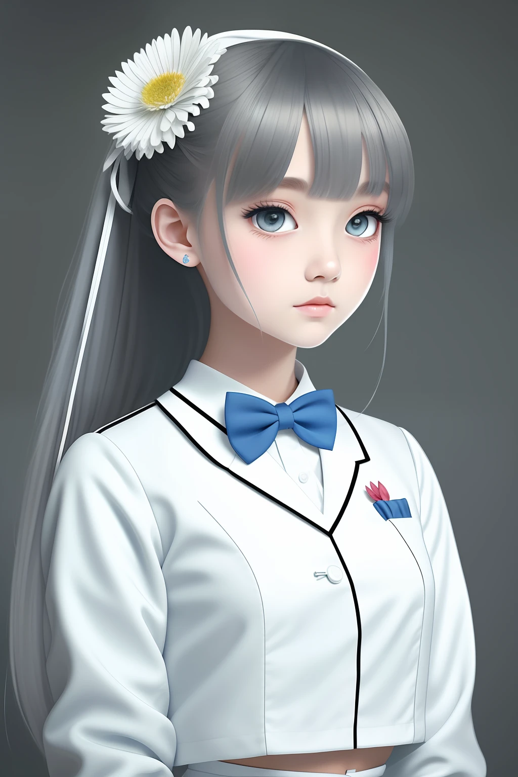 masterpiece,best quality, illustration,{beautiful detailed girl in white nurse uniform},expressionless,palace,azure hair,disheveled hair,long bangs,hairs between eyes,(whitegrey dress:1.1),black ribbon,white bowties,midriff,big forhead,blank stare,flower,long sleeves