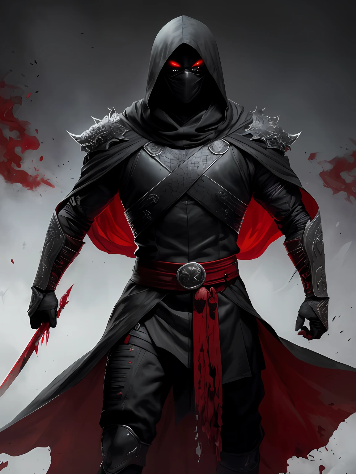 1man, a portrait, full body, noob saibot of mortal kombat, white mask, swords, detailed red eyes, hatred and anger in the eye, detailed black armor stained with blood, hood, cape with red interior, intricate, high detail, sharp focus, dramatic and photorealistic painting art by greg rutkowski