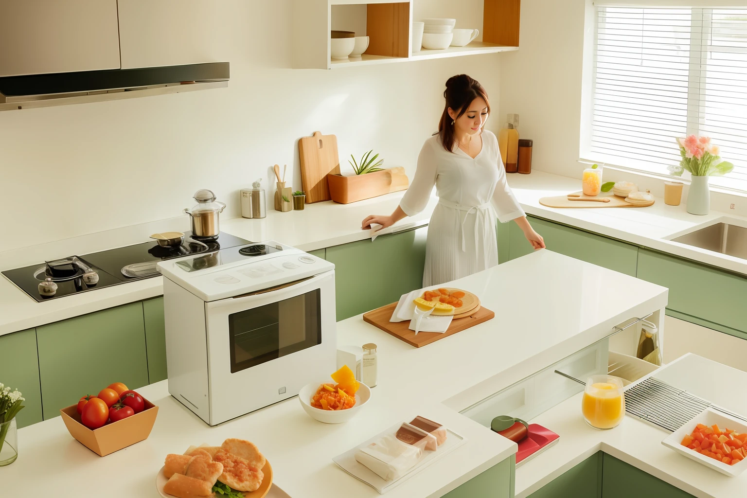 There was a woman standing in the kitchen preparing food,