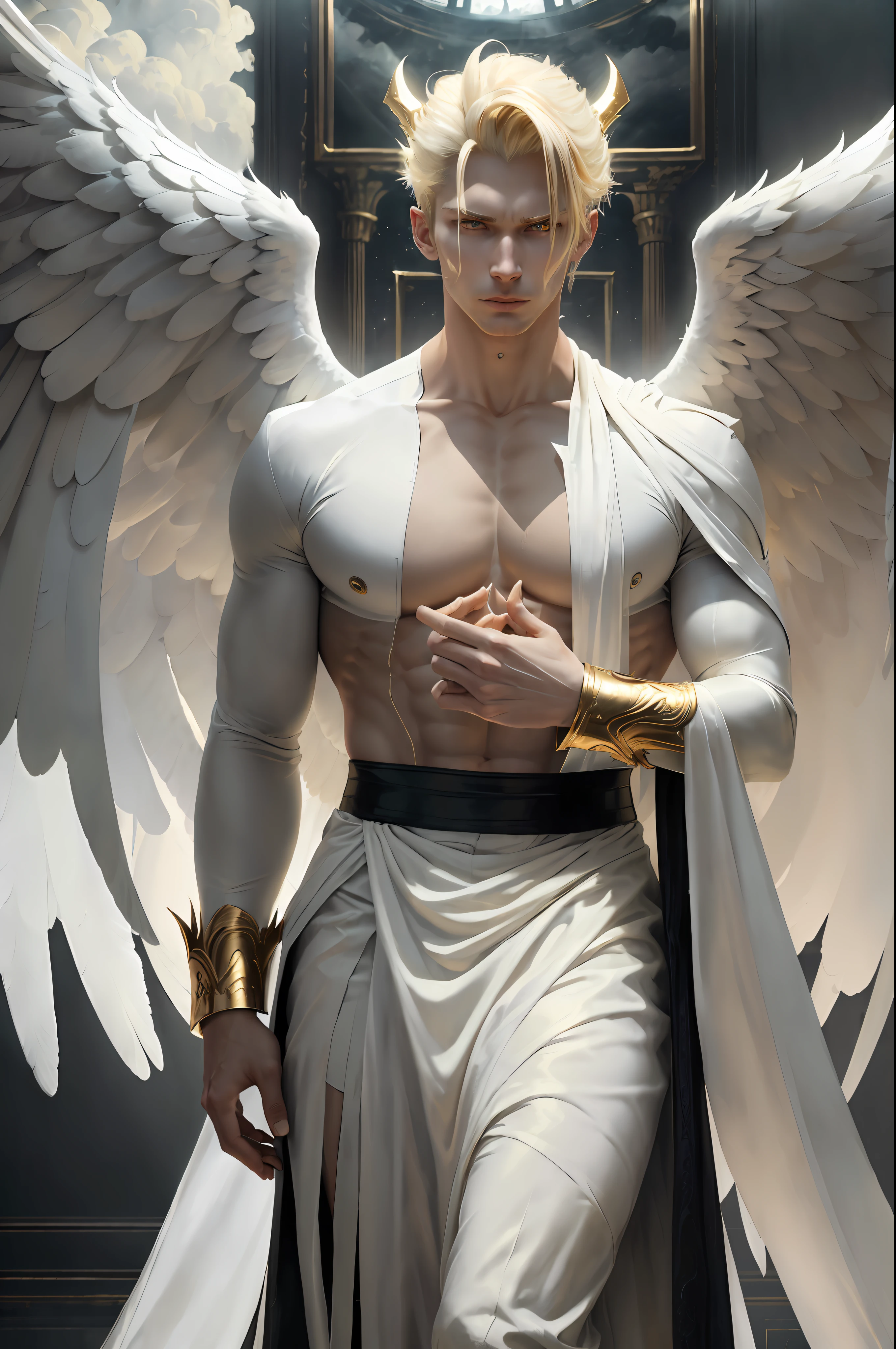 ((masterpiece, best quality)), Lucifer the fallen angel, very handsome, blond and medium hair, thin, huge and beautiful wings on his back, wearing white clothes, spiteful expression, looking at the viewer, golden clouds in the background