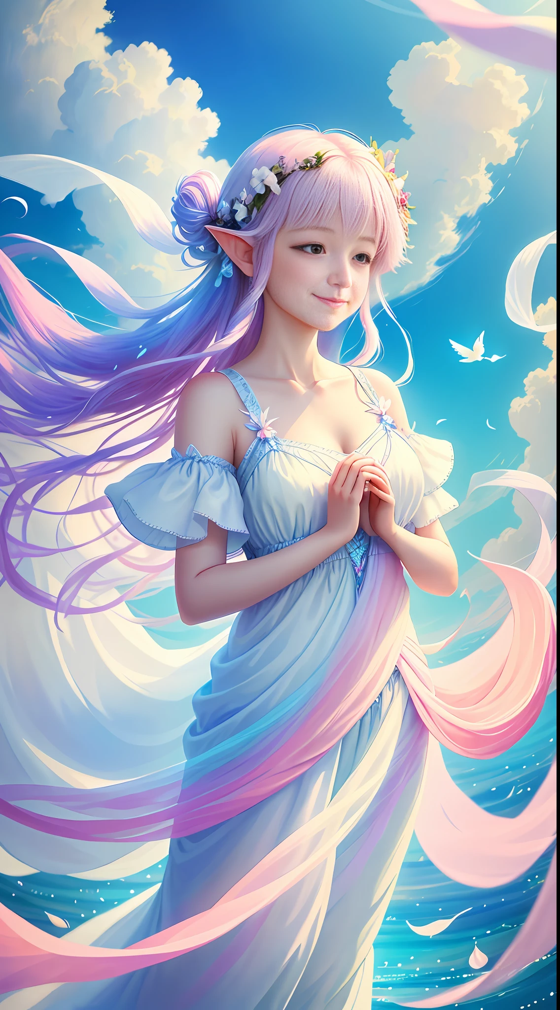 A beautiful fairy wearing white silk floats on the colored clouds, smiling, hands folded on her chest, floating on the colored clouds, colorful light, ribbons fluttering, blue sky and blue water, outstanding artistic paintings, high quality, 8k