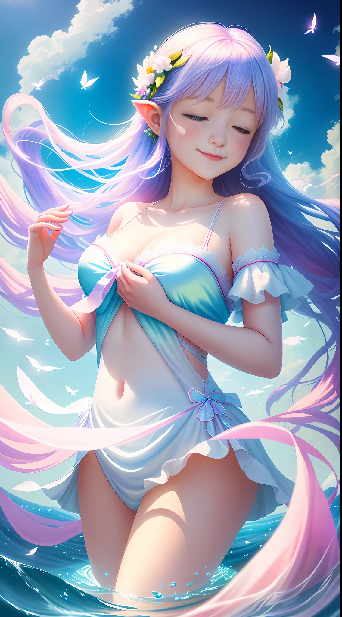 A beautiful fairy wearing white silk floats on the colored clouds, smiling, hands folded on her chest, floating on the colored clouds, colorful light, ribbons fluttering, blue sky and blue water, outstanding artistic paintings, high quality, 8k