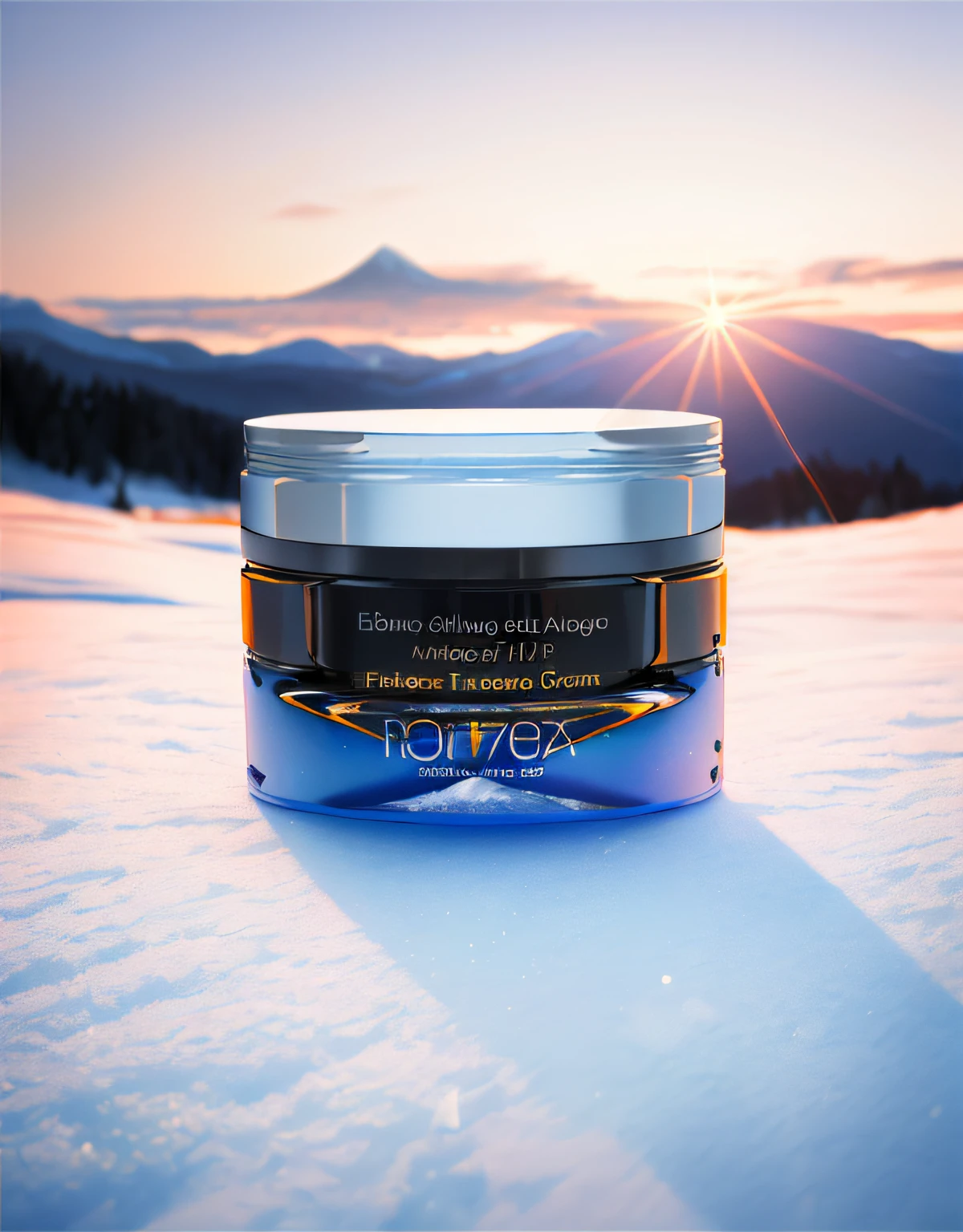 A product image of a skincare product, snowy mountain background, masterpiece, best quality, very detailed shadows, high quality, textured landscape, award winning photography, depth of field, HDR, chromatic aberration, high contrast, ultra sharp, realism, cinematography, (very realistic), very detailed, intricate, high detail, national geographic of china, (700MM TELEPHOTO FAR EXTREME LENS), (EVENING SUNSET: 1.3), (Early Winter Nordic Forest 1.5), (A little snow: 1.4), (Stream: 1.4), (Gravel: 1.4), (Alpine: 1.4)