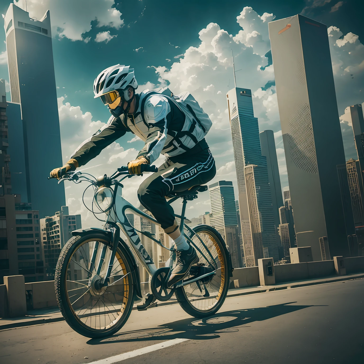 /imagine prompt: photography of A mature man riding a bicycle galloping on the rooftop ,skyscraper::2, Cement Forest::1, Golden ratio::3, ultrawide shot::4, Quixel Megascans Render::3, Cinematic light::3, Raking light::2, Cinematic, hyper quality::2, Cyberpunk street, realism::2, Experimental Photography::2 --ar 16:9 --seed 100 --s 750 --q 1 --c 25 --v 5.1 --auto --s2