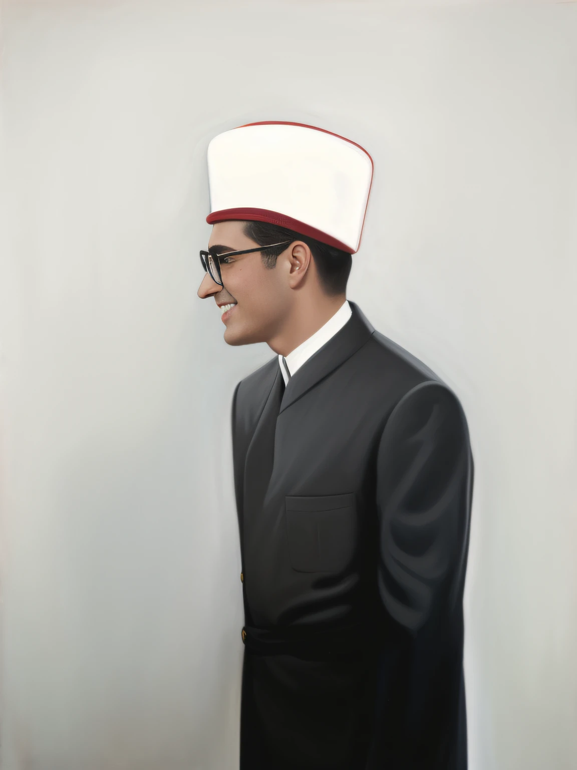 Young 20 year old white imam in a black robe standing in front of a white wall, ((European)), wearing glasses, ((laughing)), clean shaven, looking to the side off camera, wearing imam cap, side portrait imagery, head turned to the side, posed in profile, wearing a red lumberjack shirt, side profile portrait, wearing a flannel shirt, profile pose, profile view, looking from side, side profile centered portrait, propaganda art, ww 2 allied propaganda poster, hearts of iron portrait, wwii propaganda poster, profile pose, side profile artwork, promotional art, man, serious expression, looking up, pictured from the shoulders up, oil painting, money artwork, postmark, print